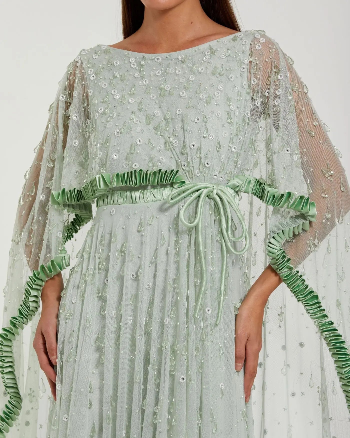 Green Beaded Cape Sleeve Gown with Ruffle Trim-Myartka