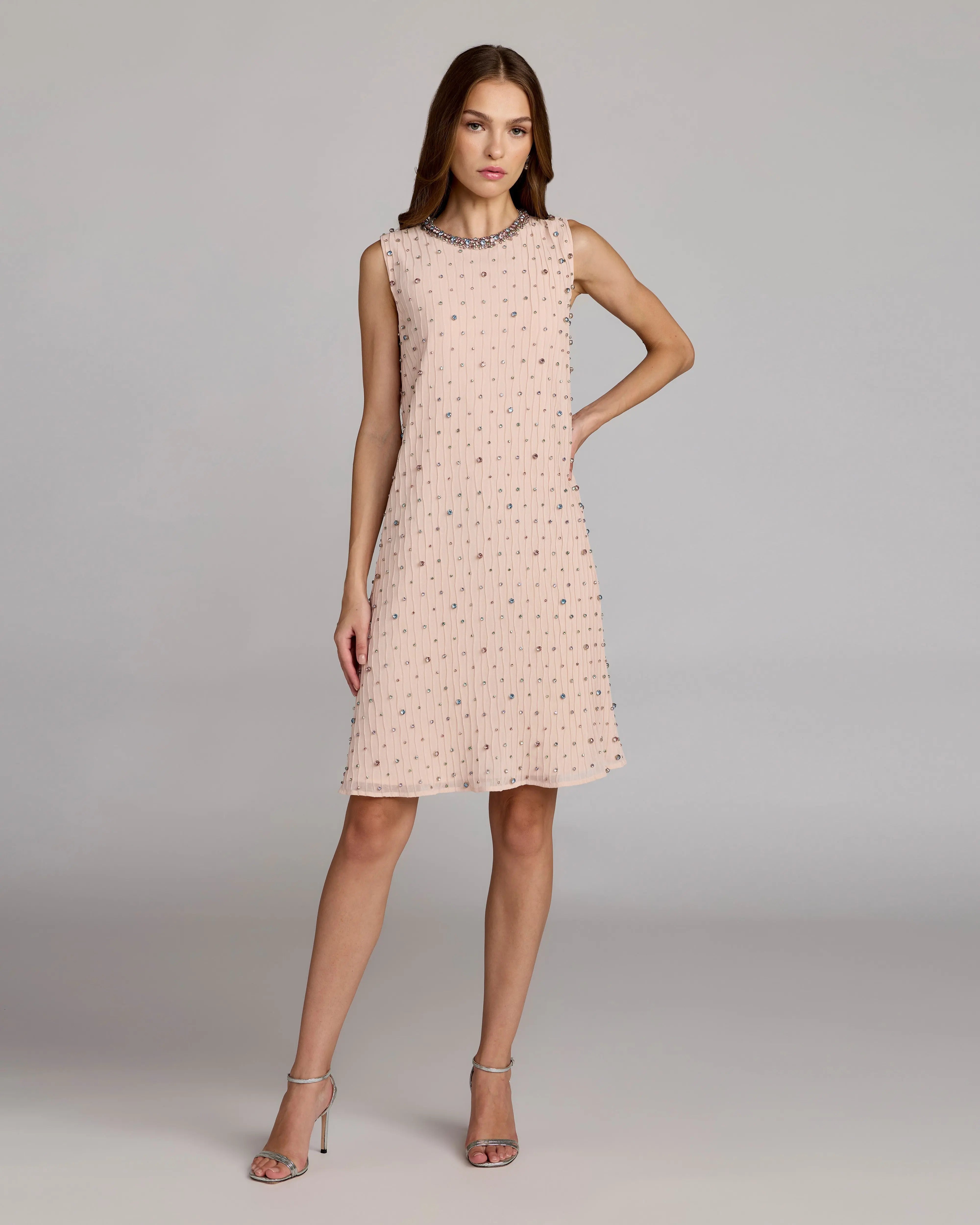 Light Pink Embellished Sleeveless Shift Mini Dress-Myartka