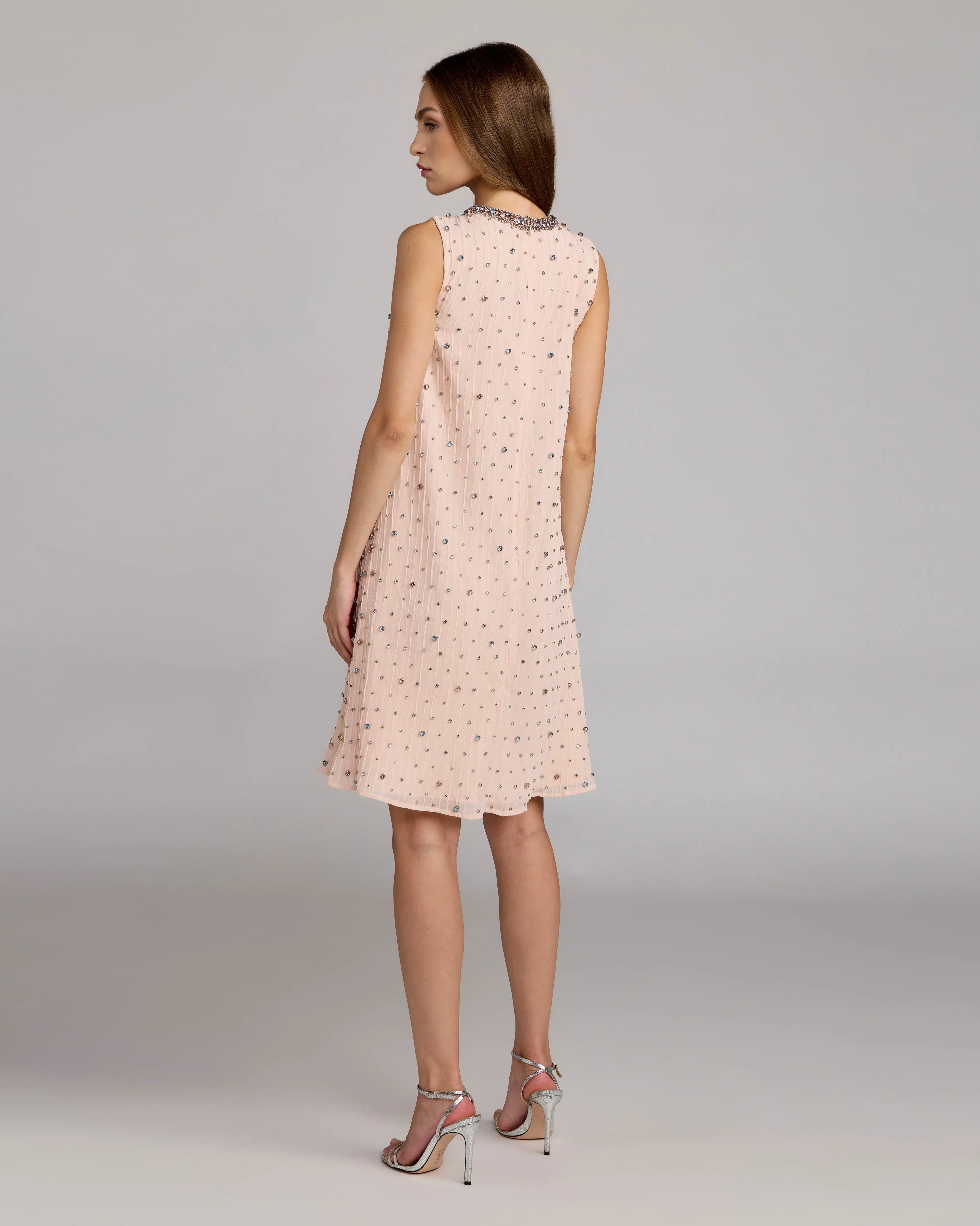 Light Pink Embellished Sleeveless Shift Mini Dress-Myartka