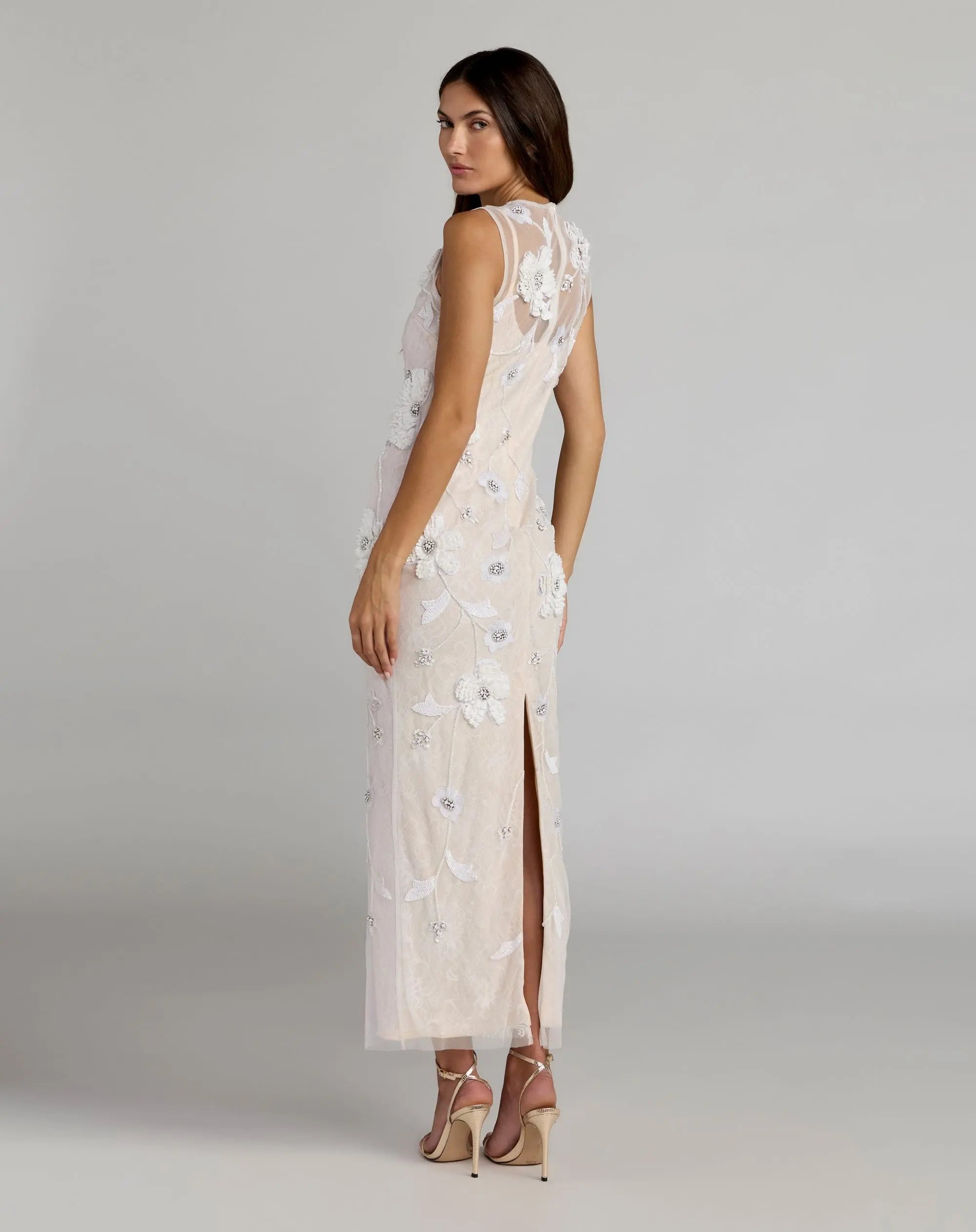 White Sleeveless Embellished Lace Column Dress-Myartka