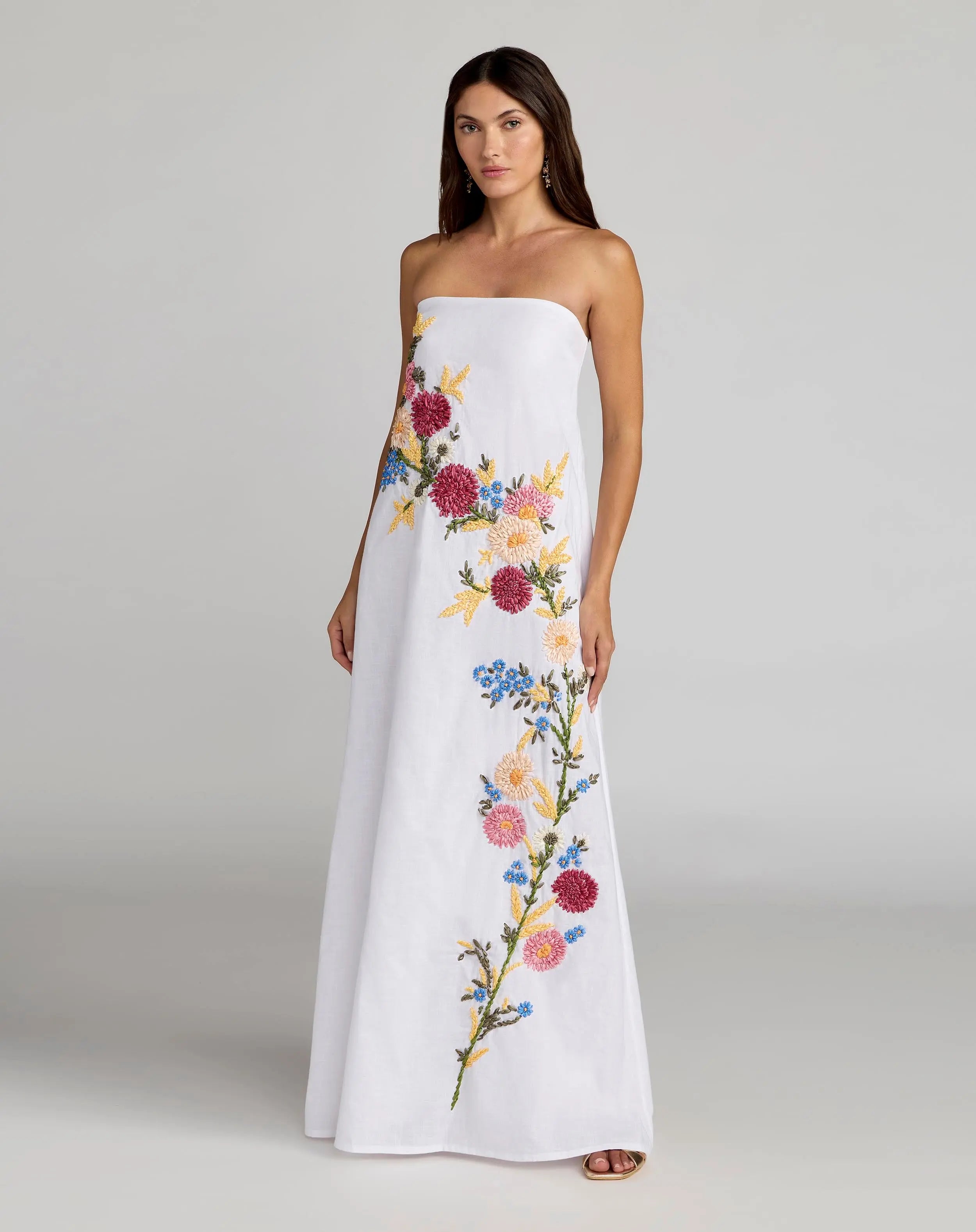 White Strapless Floral Embroidered Linen Gown-Myartka