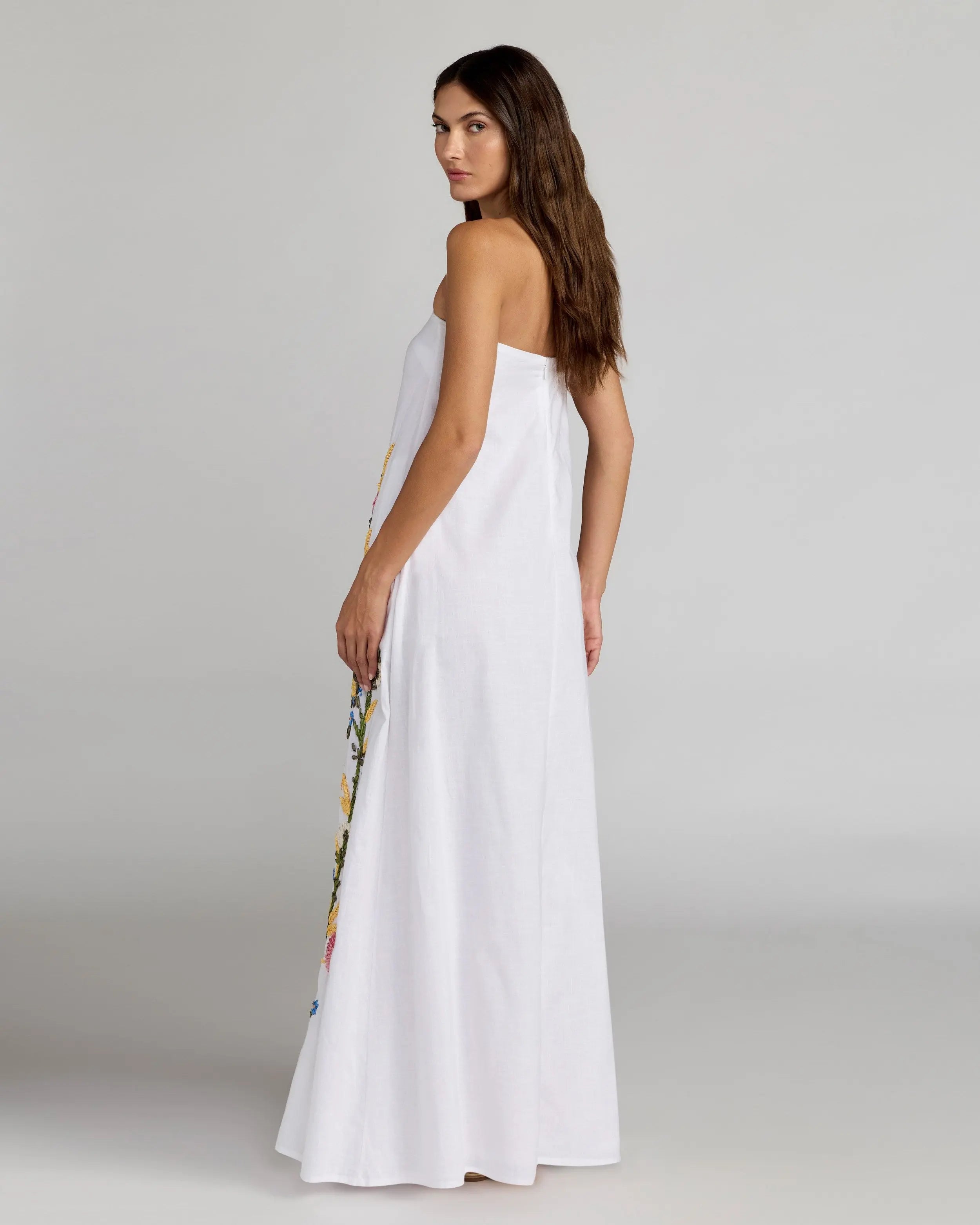 White Strapless Floral Embroidered Linen Gown-Myartka