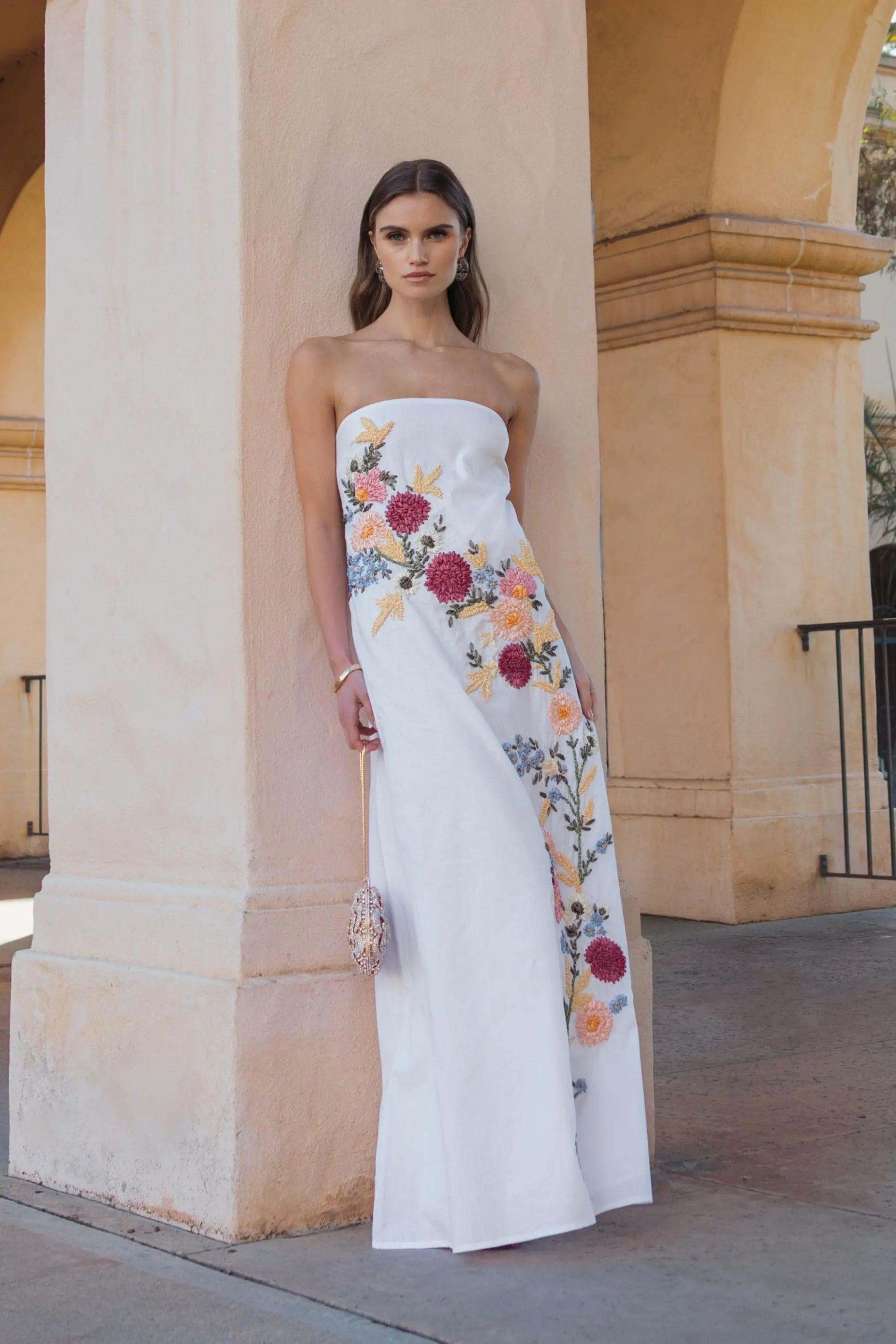 White Strapless Floral Embroidered Linen Gown-Myartka