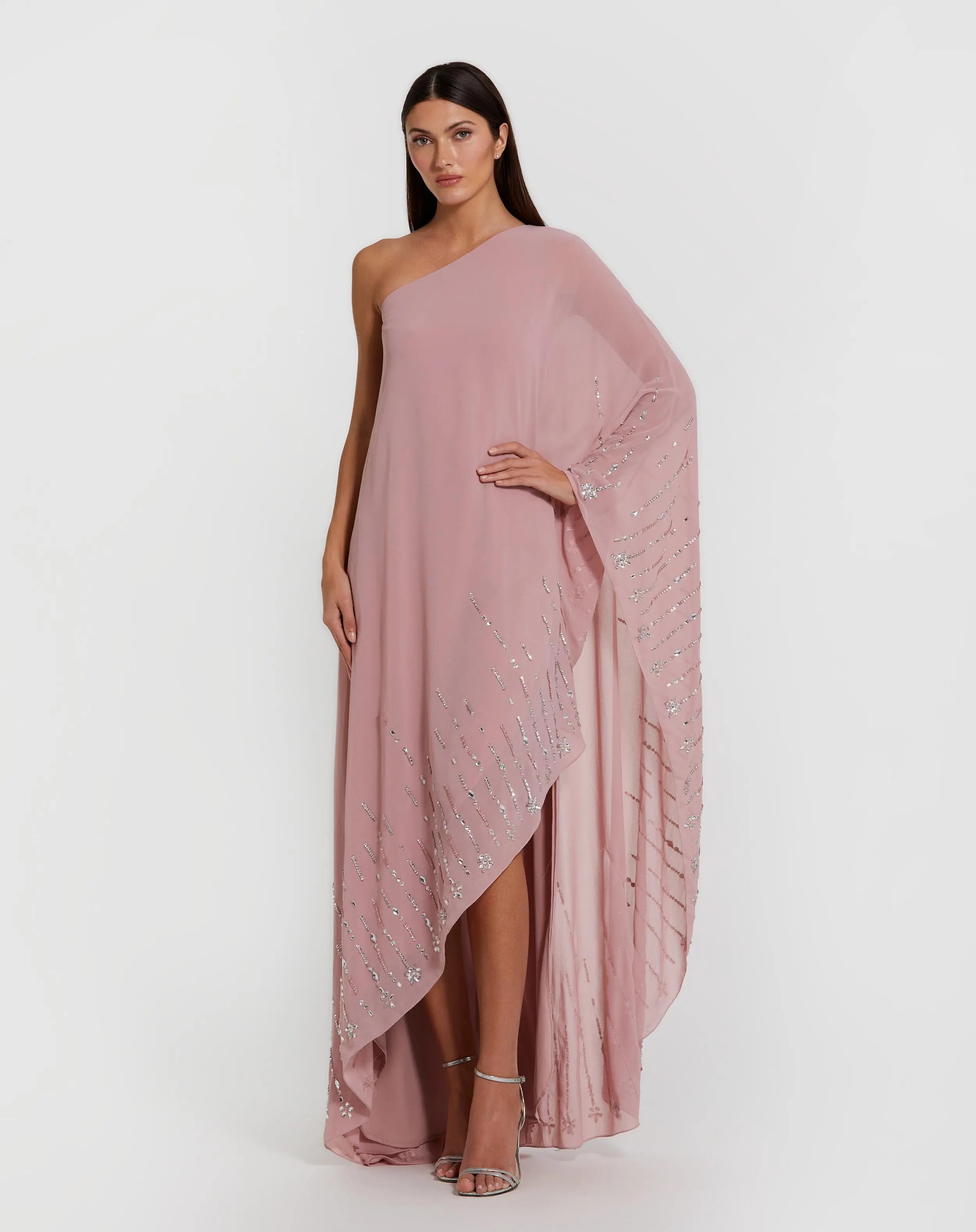 Pink One Shoulder Embellished Trim Kaftan Gown-Myartka