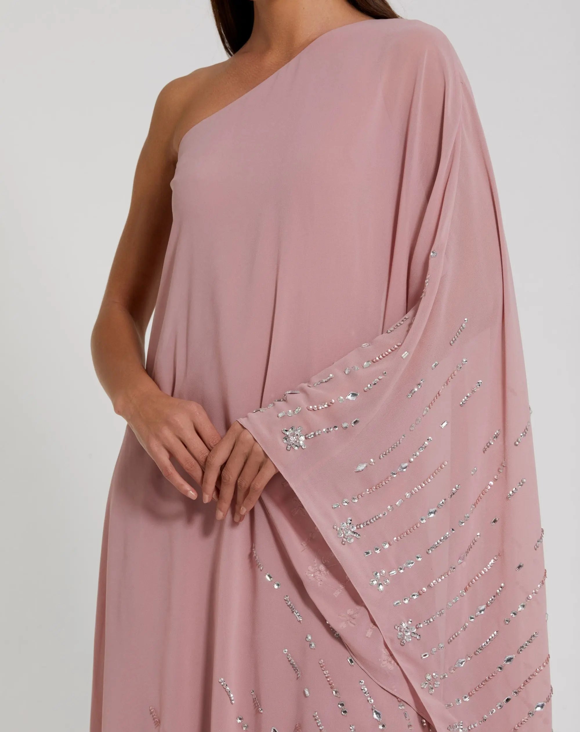 Pink One Shoulder Embellished Trim Kaftan Gown-Myartka