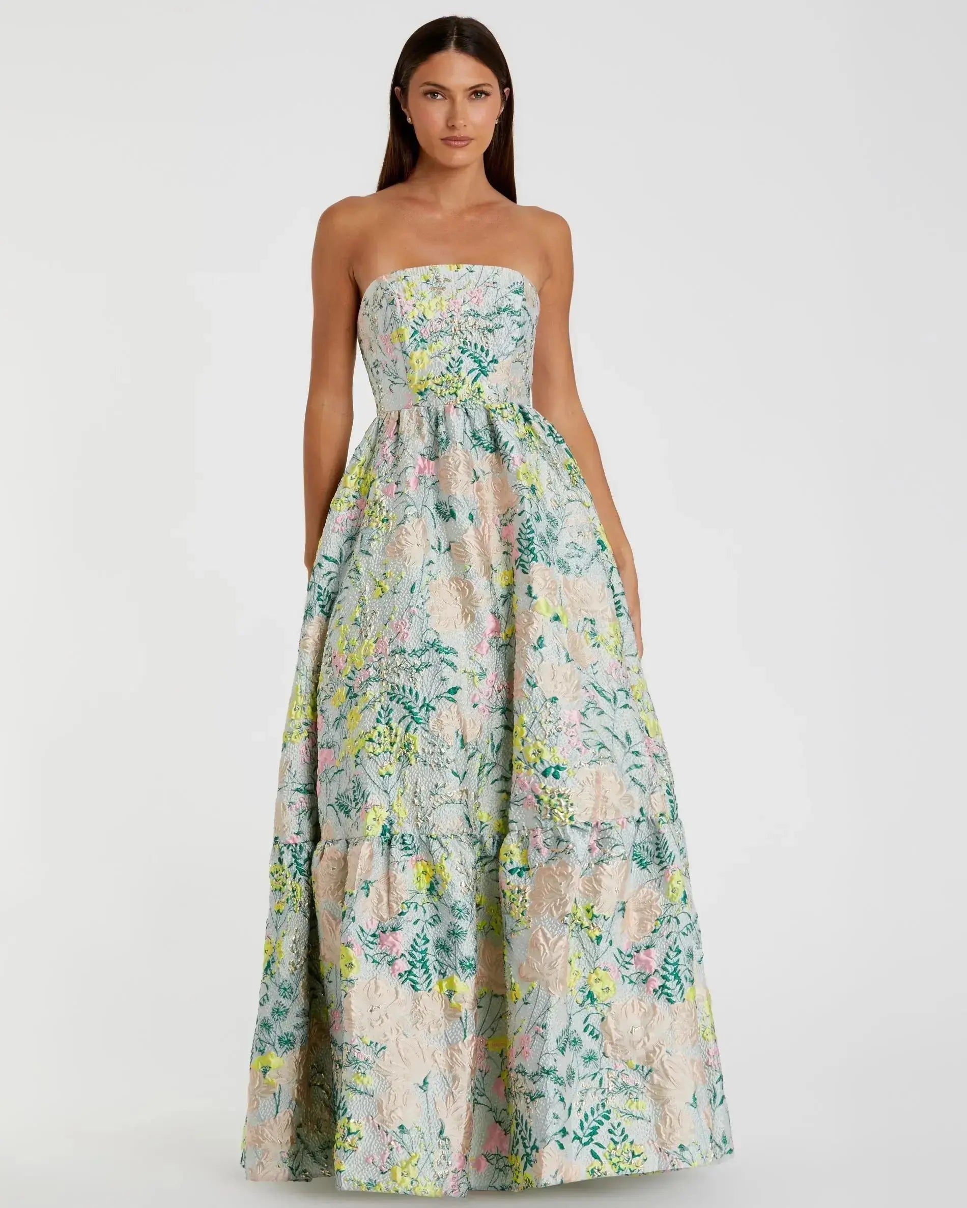 Petite Multicolor Strapless Floral Brocade A-Line Gown-Myartka