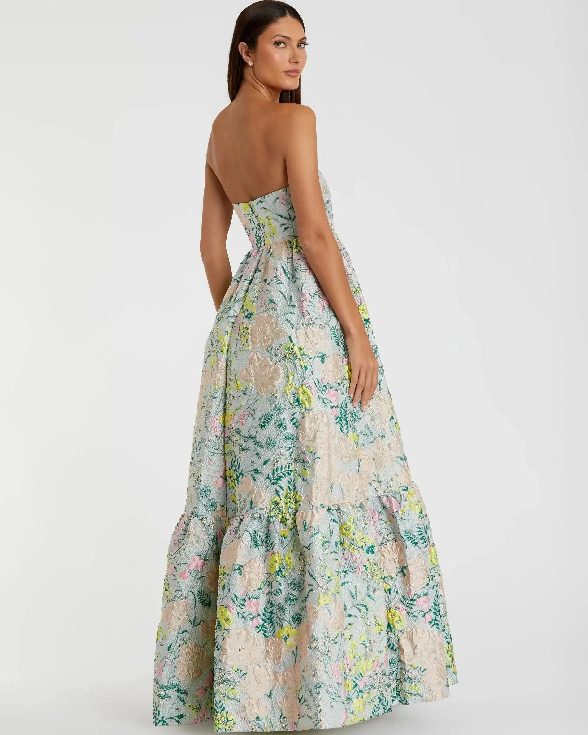 Petite Multicolor Strapless Floral Brocade A-Line Gown-Myartka
