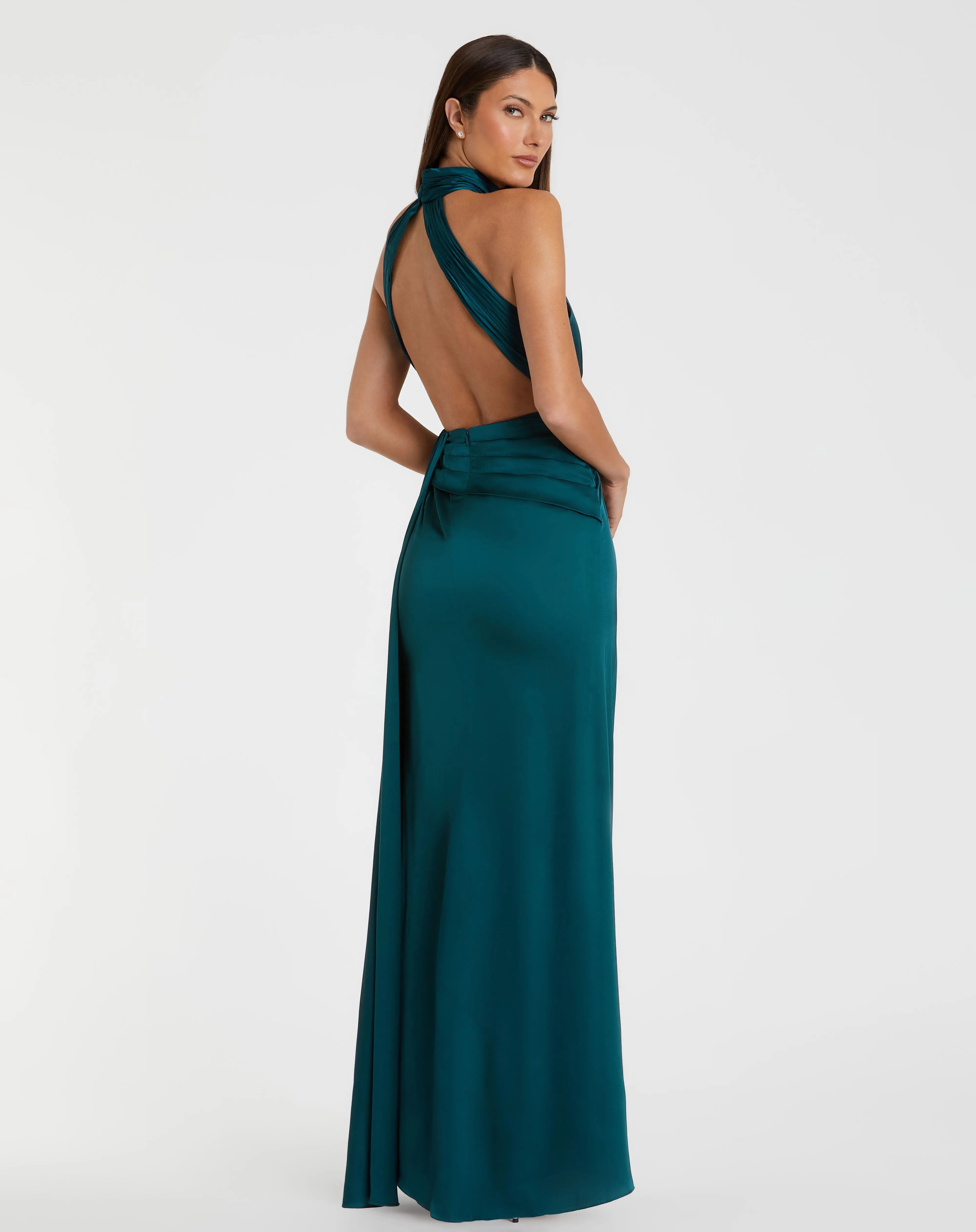 Petite Blue Open Back High Neck Side Ruched Gown-Myartka