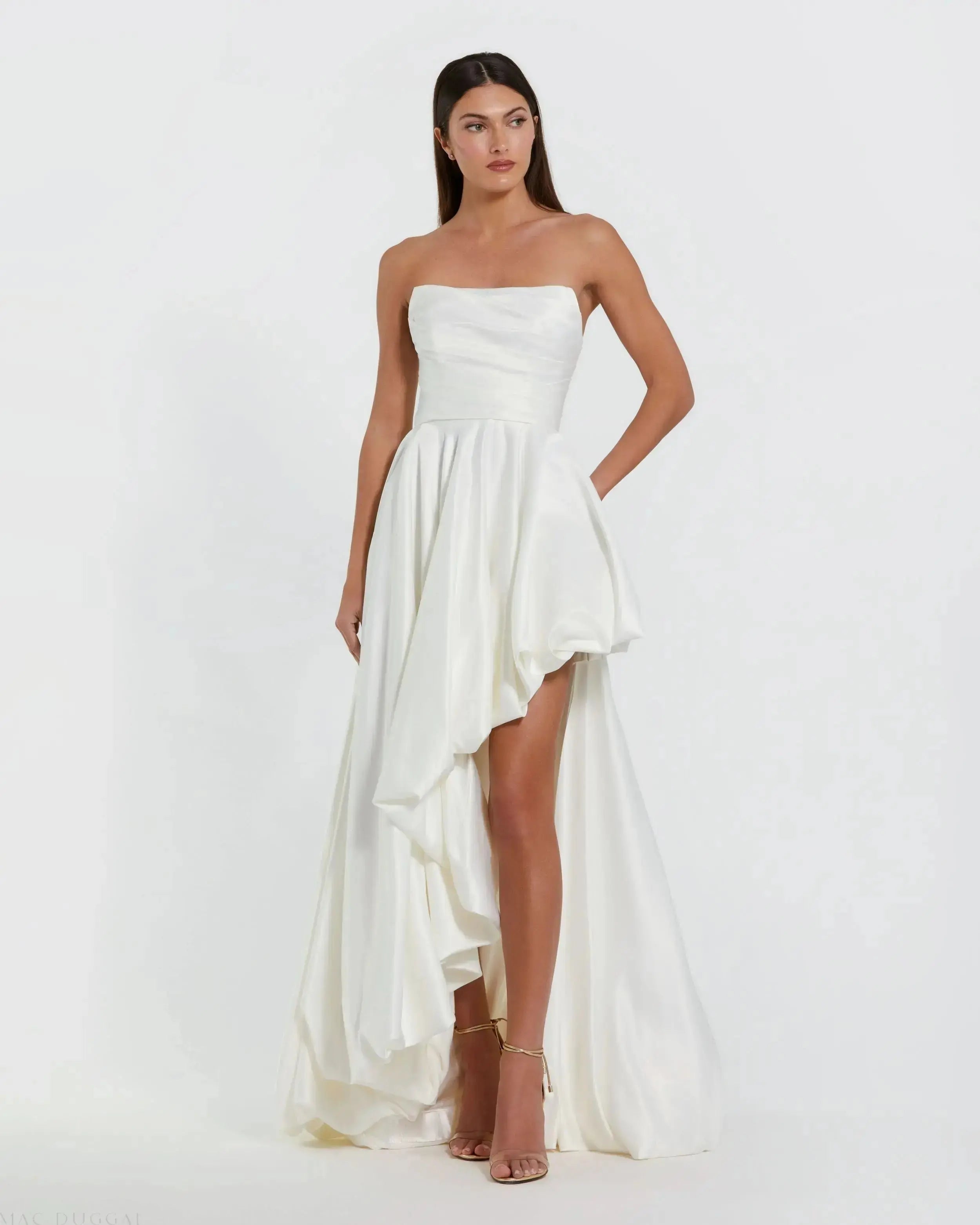 Petite White Strapless Ruched High Low Gown-Myartka