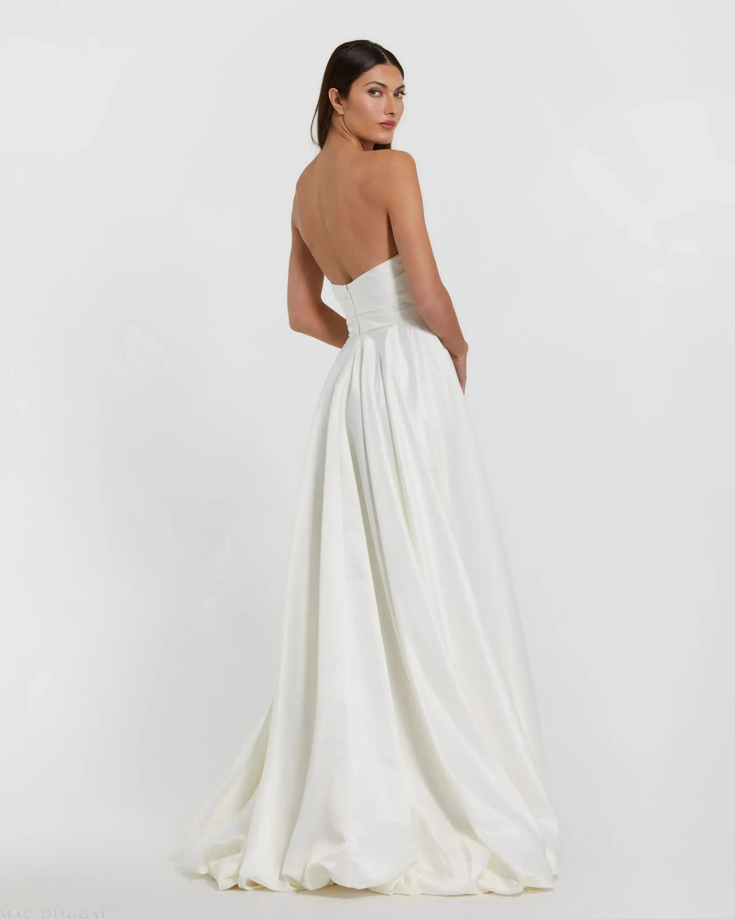 Petite White Strapless Ruched High Low Gown-Myartka