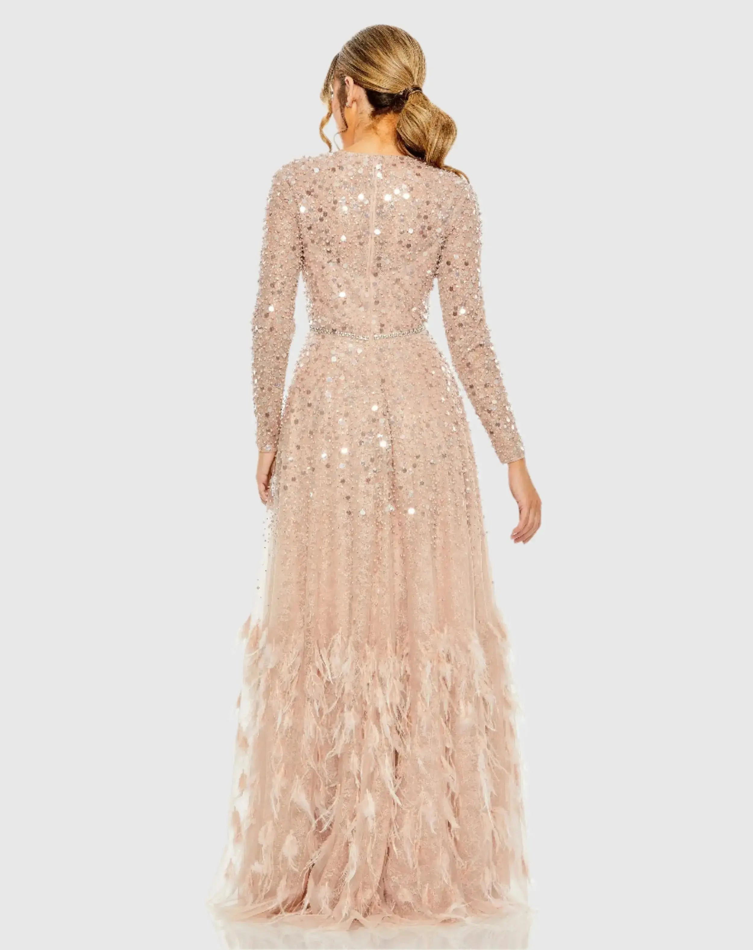 Petite Pink Disc Embellished Sequin Gown with Feather Detail-Myartka