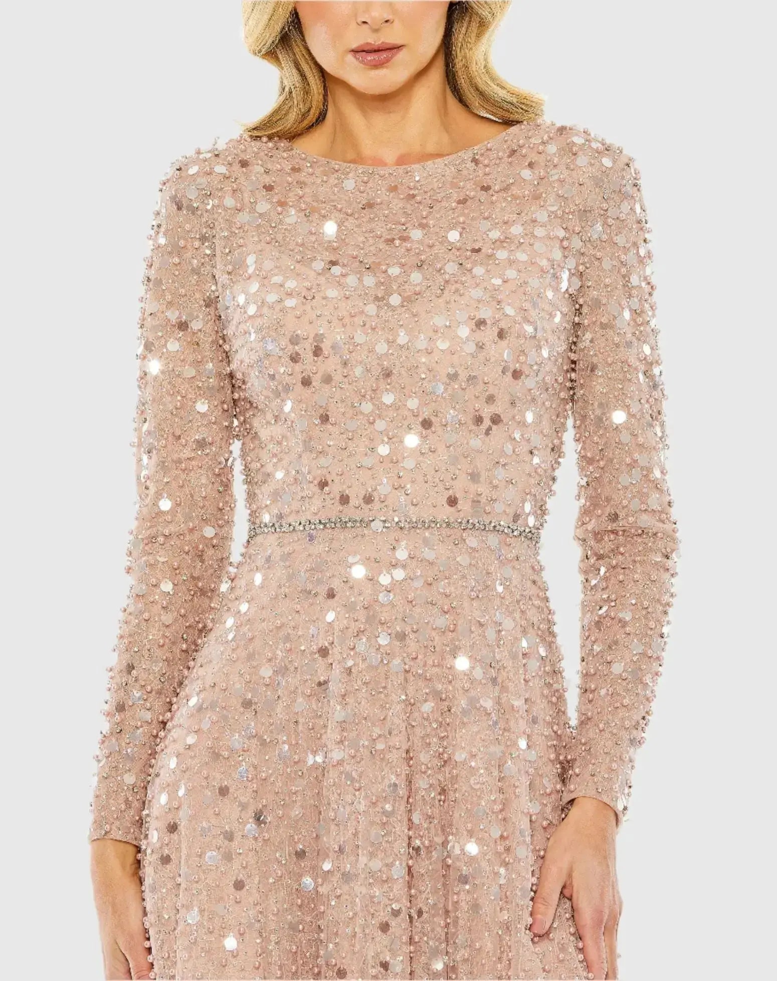 Petite Pink Disc Embellished Sequin Gown with Feather Detail-Myartka