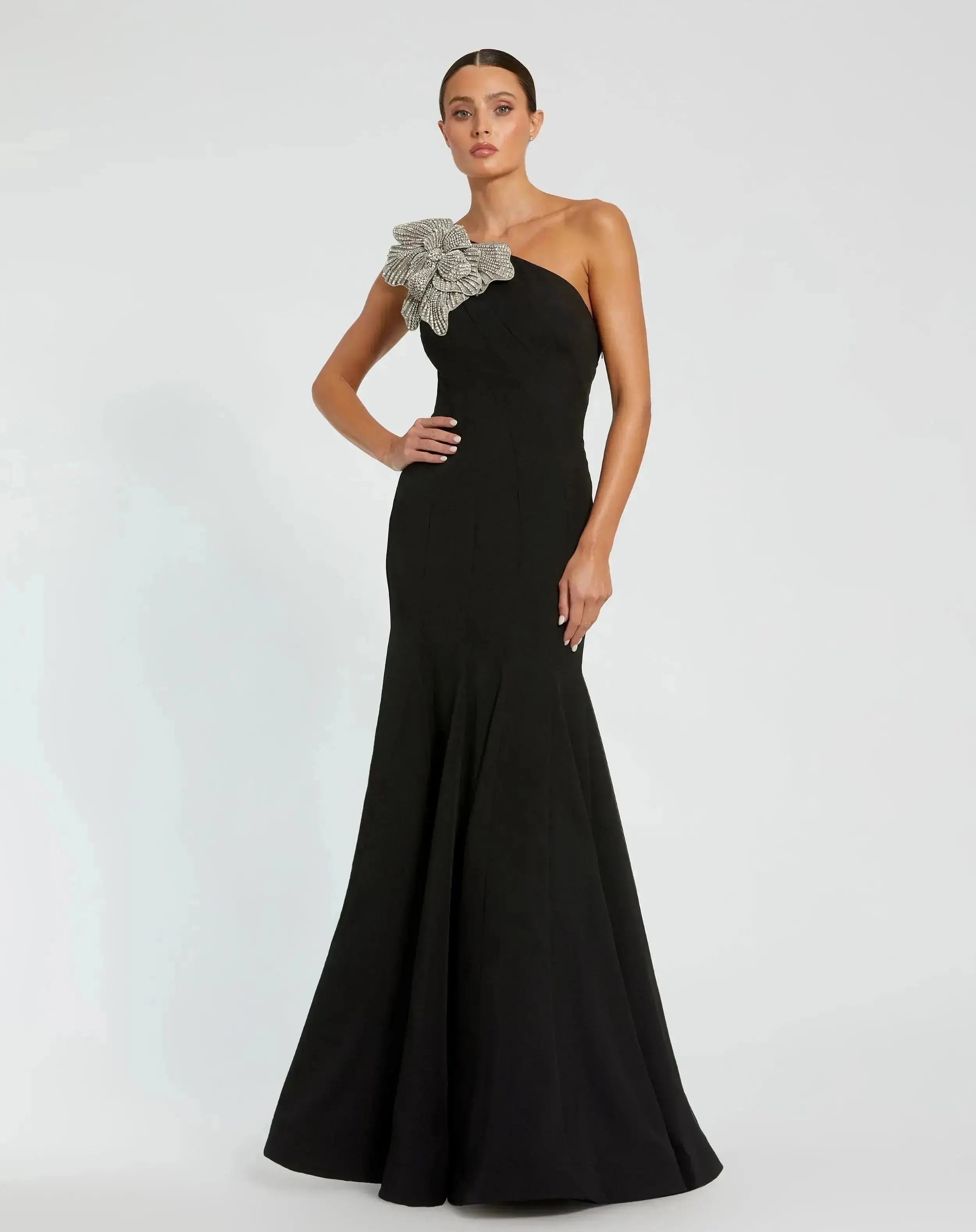 Petite Black Crepe One Shoulder Mermaid Gown With Flower-Myartka