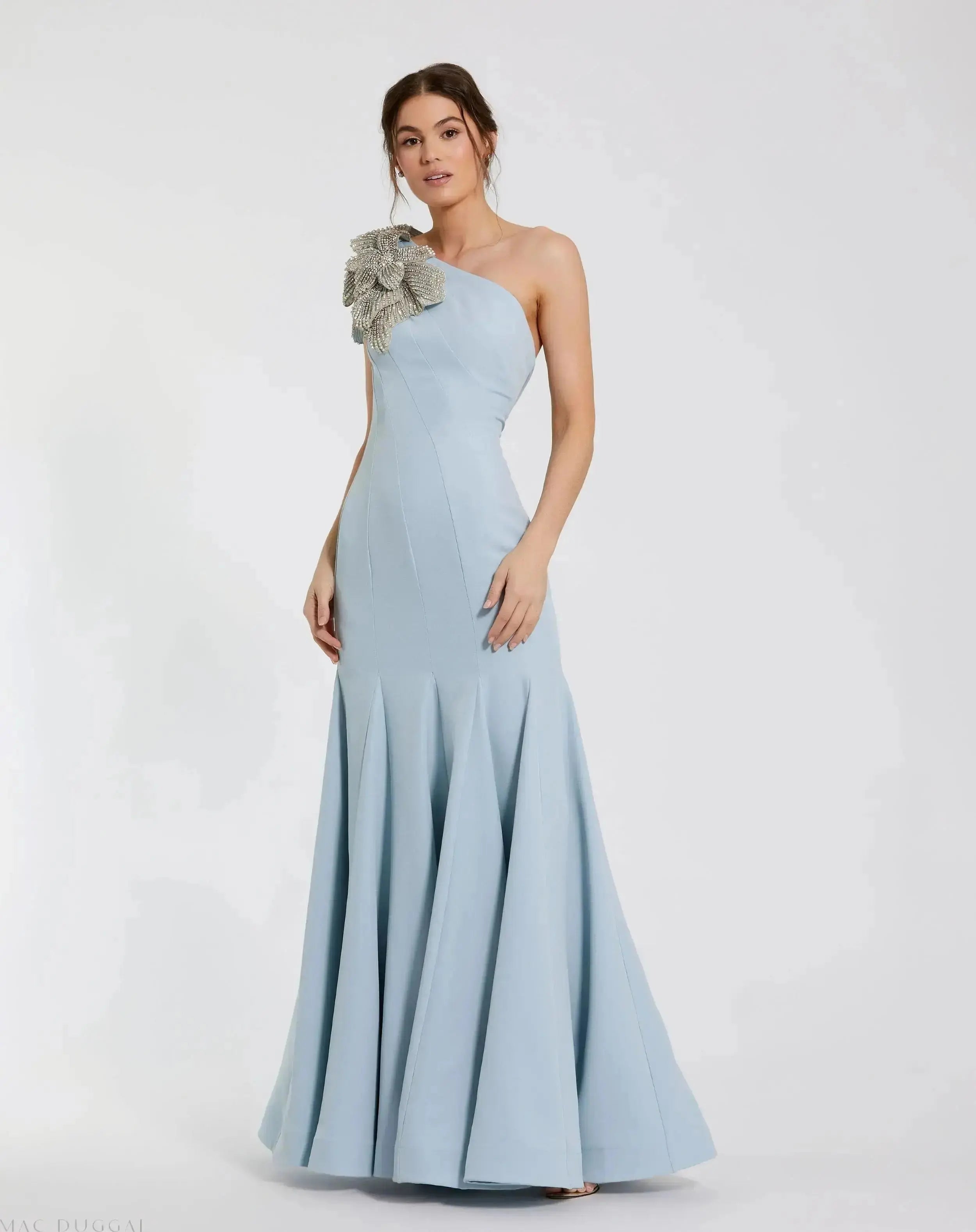 Petite Blue Crepe One Shoulder Mermaid Gown With Flower-Myartka
