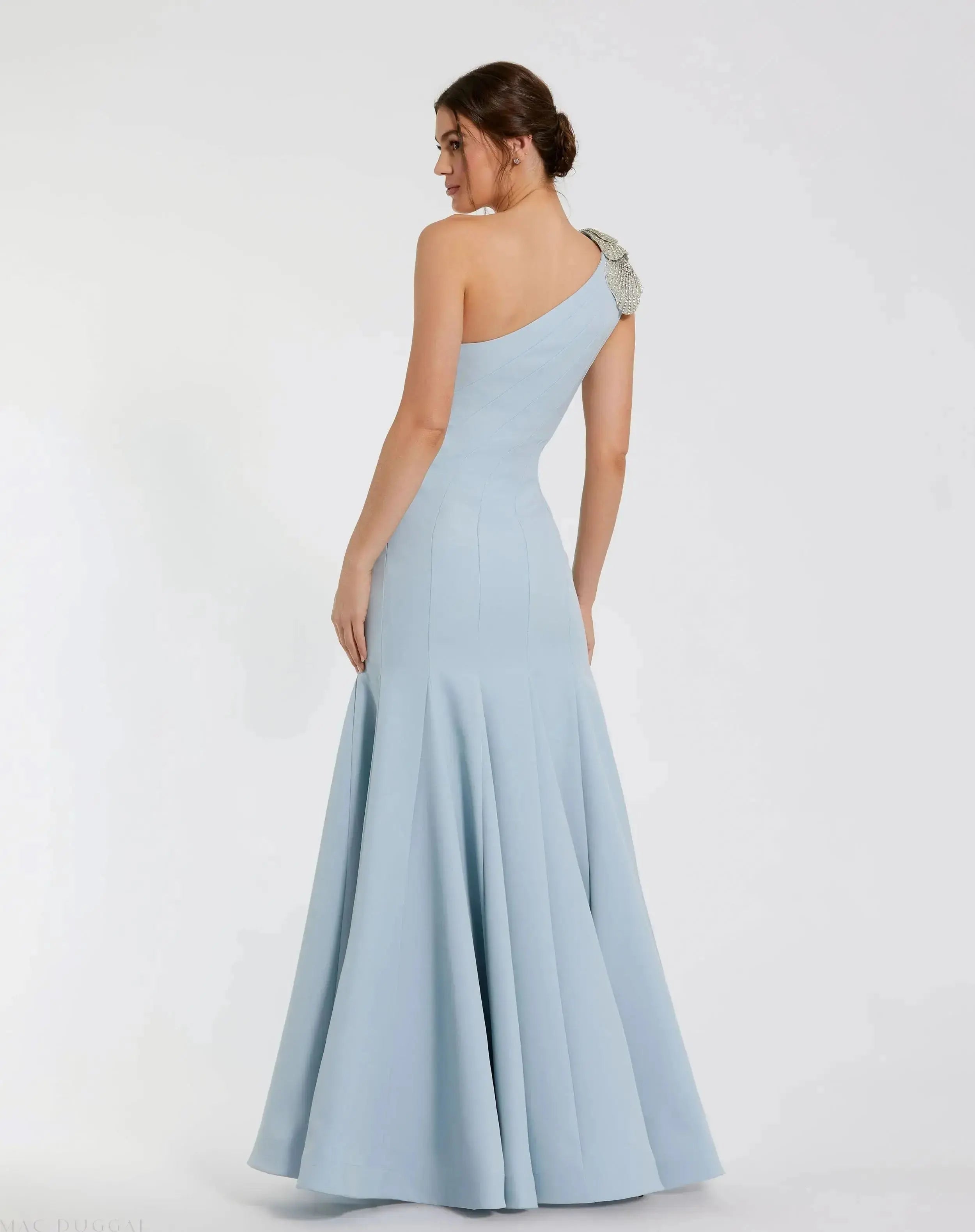 Petite Blue Crepe One Shoulder Mermaid Gown With Flower-Myartka