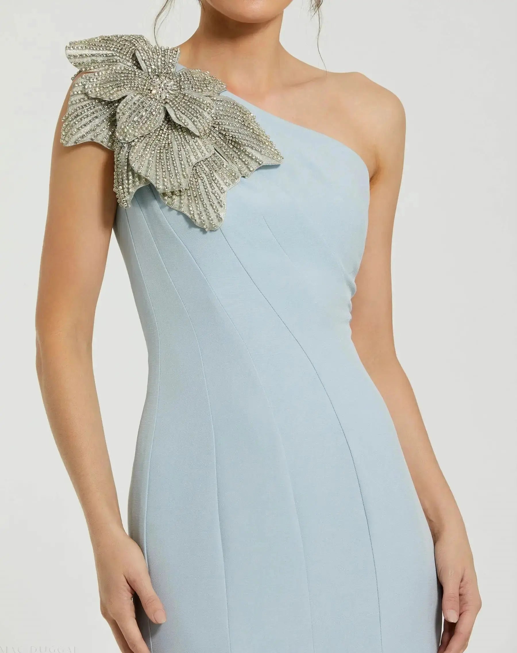 Petite Blue Crepe One Shoulder Mermaid Gown With Flower-Myartka