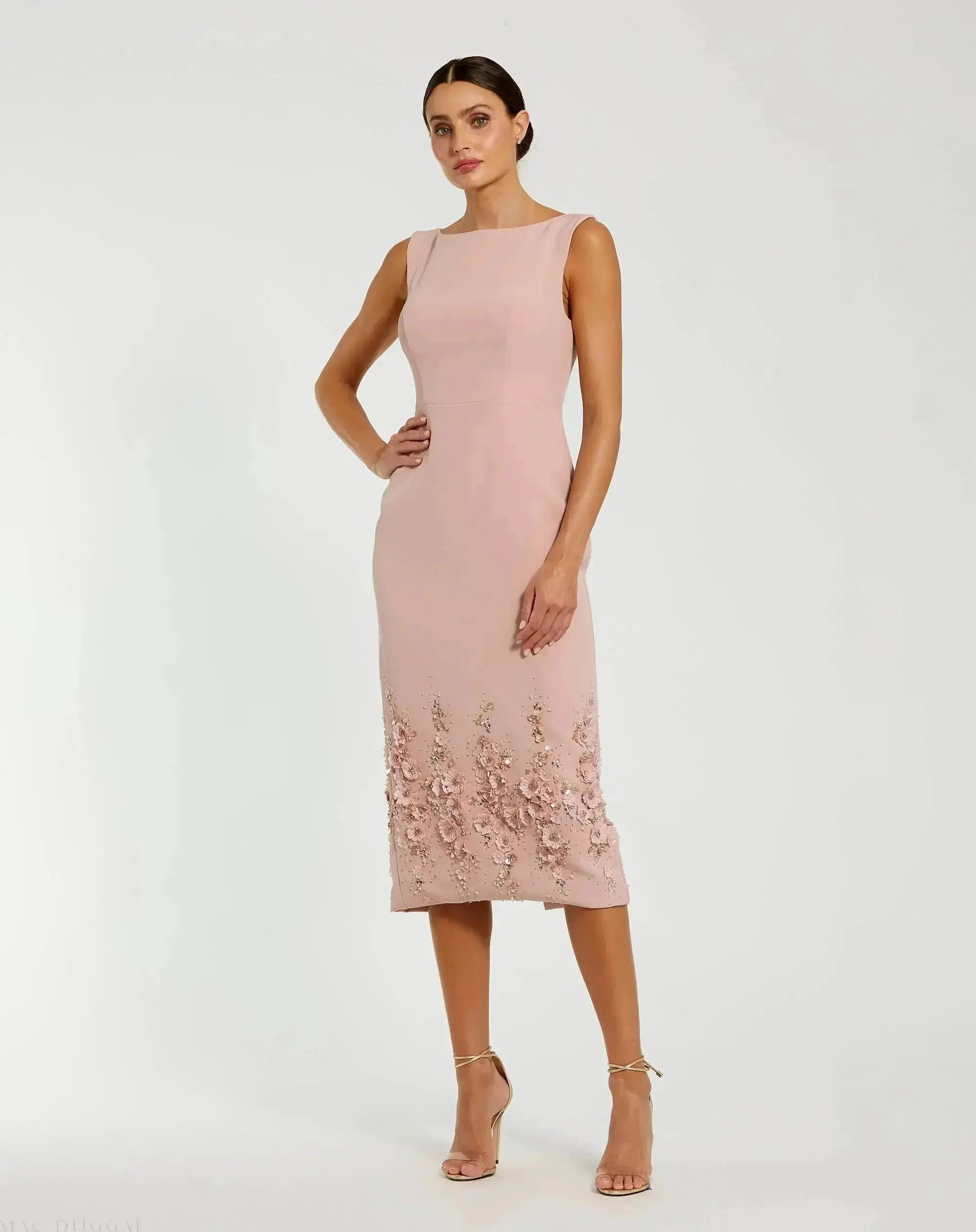 Petite Pink Crepe Sleeveless Midi Dress With Flower Beading-Myartka