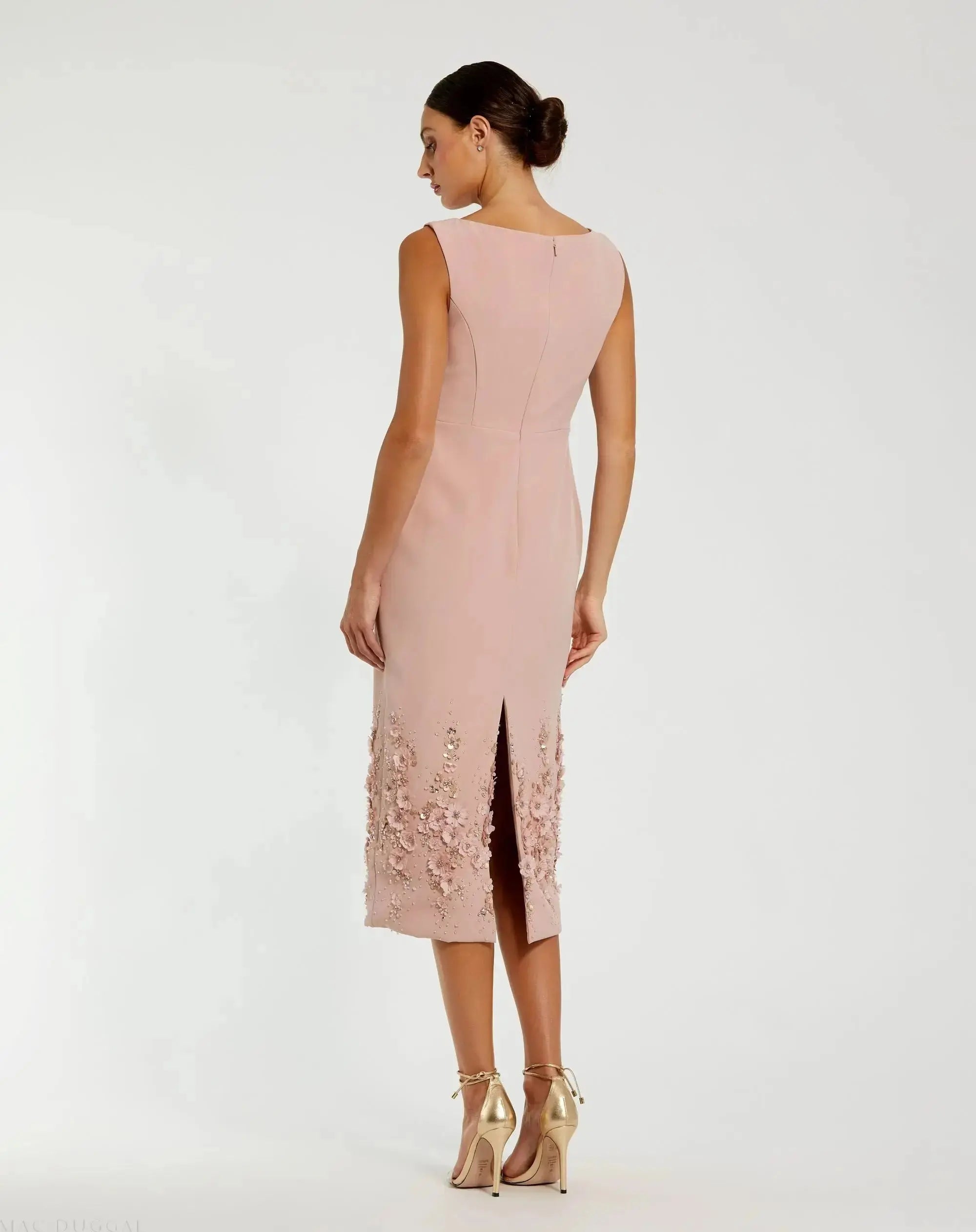 Petite Pink Crepe Sleeveless Midi Dress With Flower Beading-Myartka