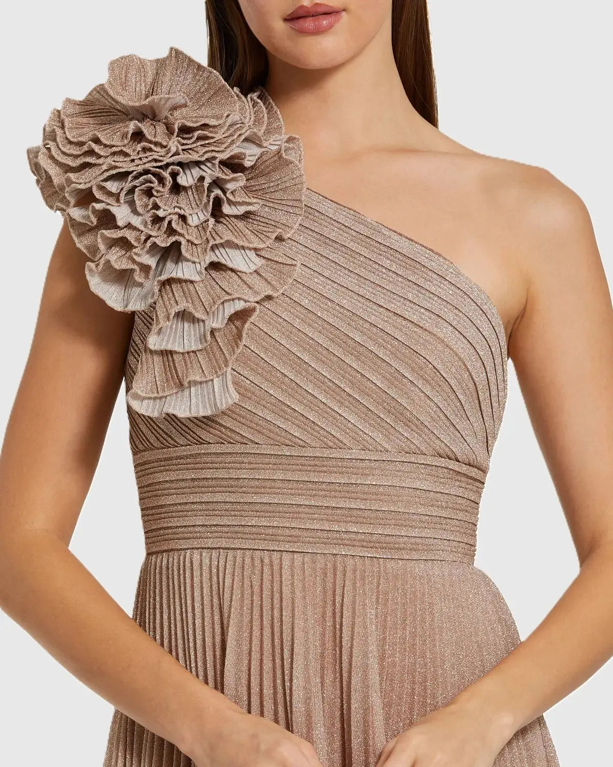 Petite Pink Pleated Metallic One Shoulder Gown With Ruffle-Myartka
