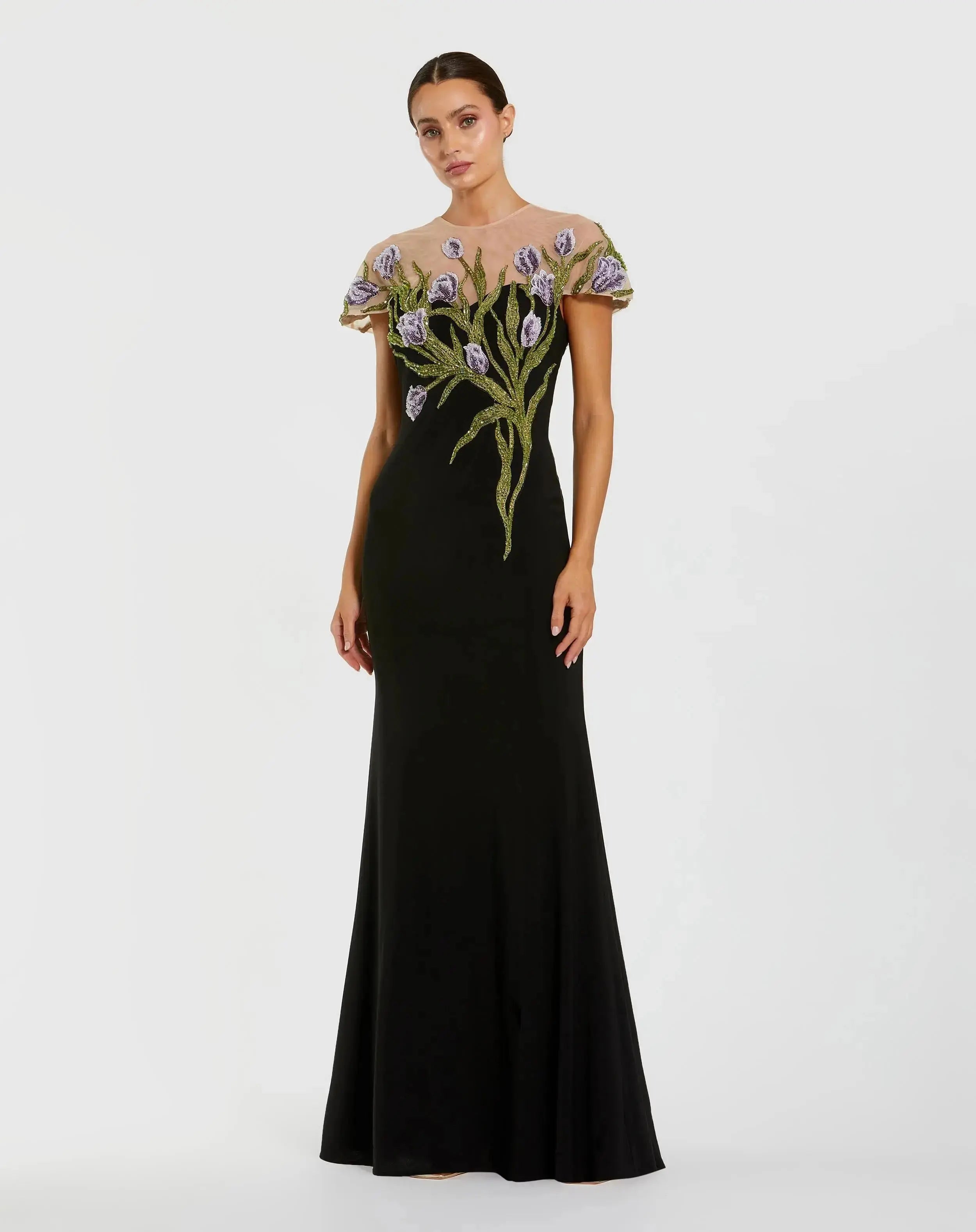Petite Black High Neck Floral Embroidered Jersey Gown-Myartka