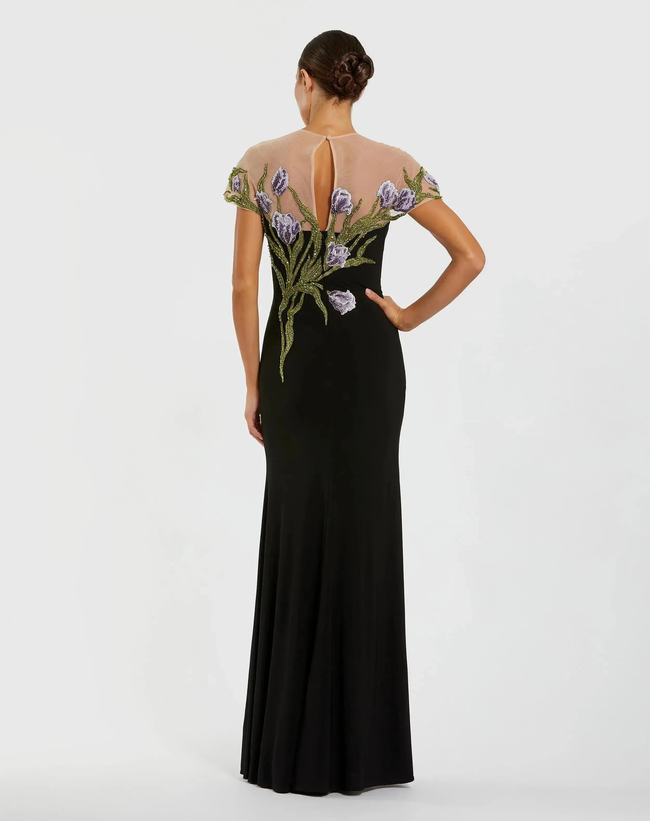 Petite Black High Neck Floral Embroidered Jersey Gown-Myartka