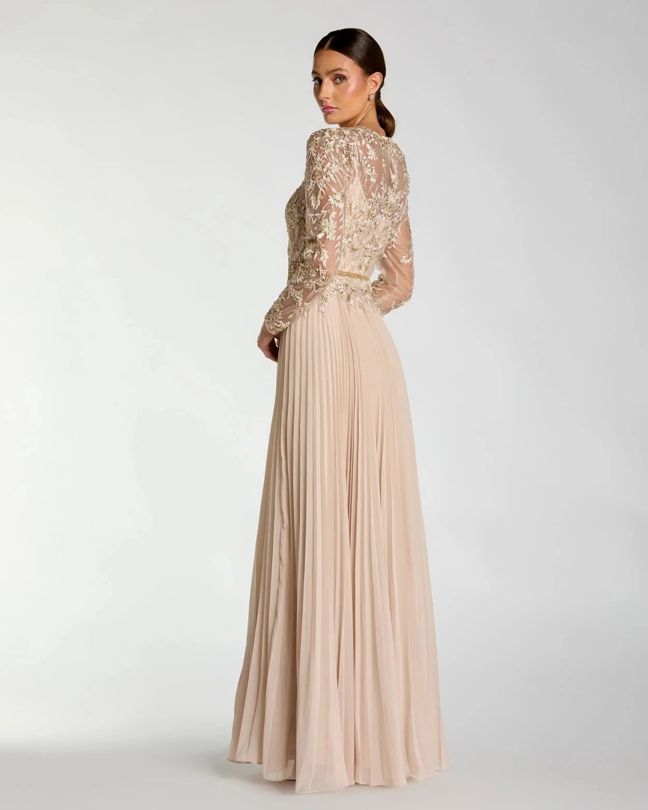 Petite Beige Long Sleeve Chiffon Embellished Gown-Myartka
