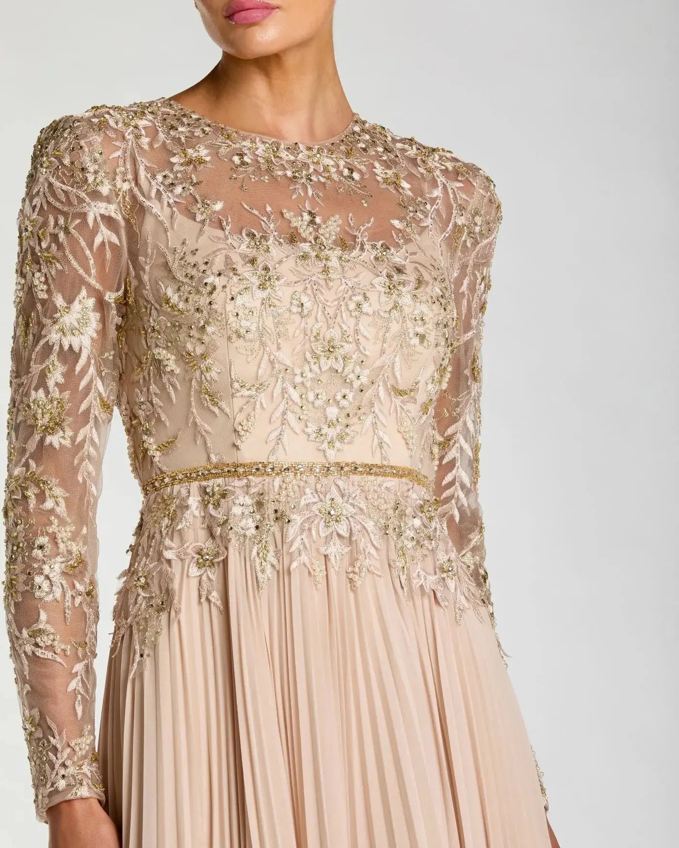 Petite Beige Long Sleeve Chiffon Embellished Gown-Myartka