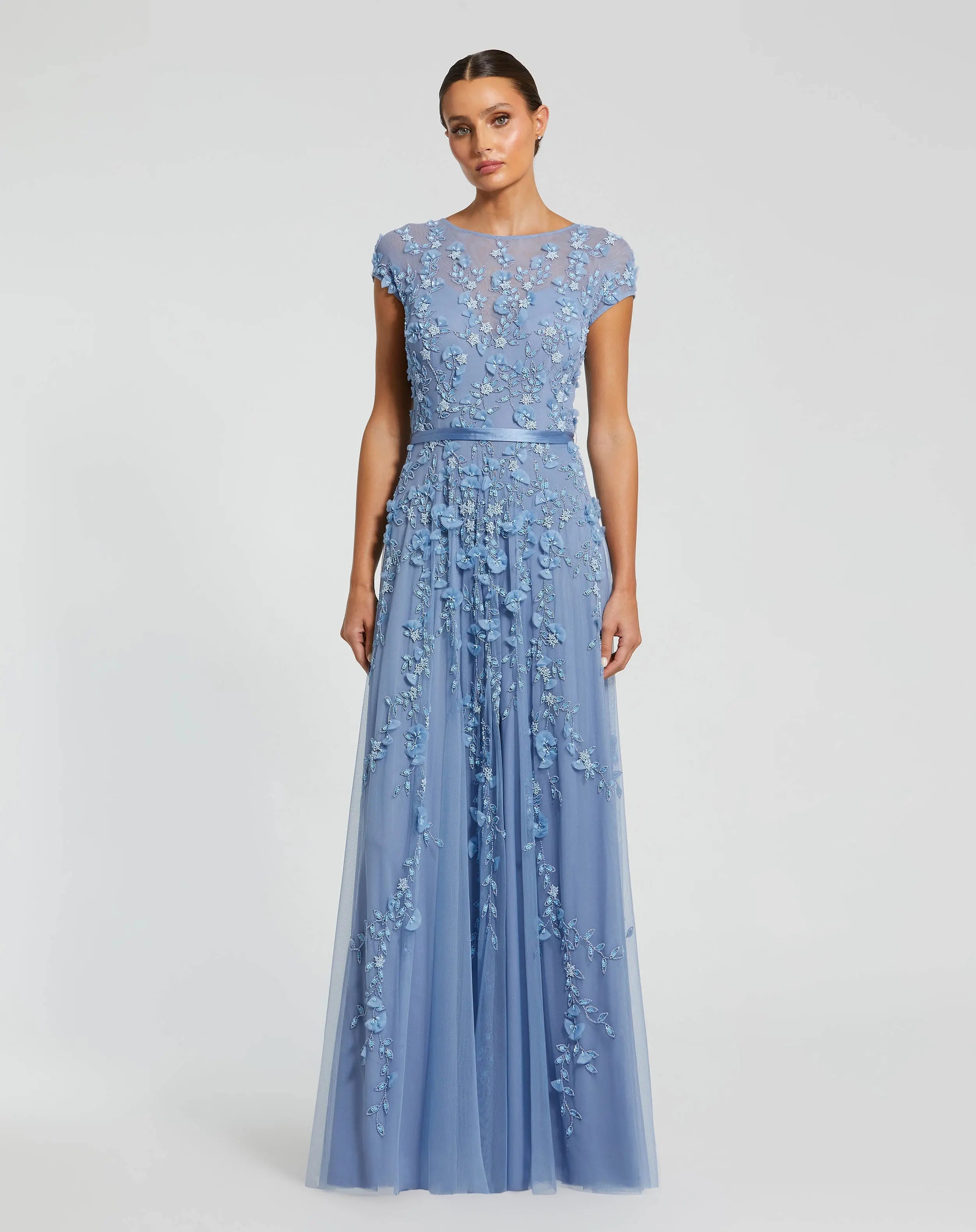 Petite Blue Floral Embellished Cap Sleeve Gown-Myartka