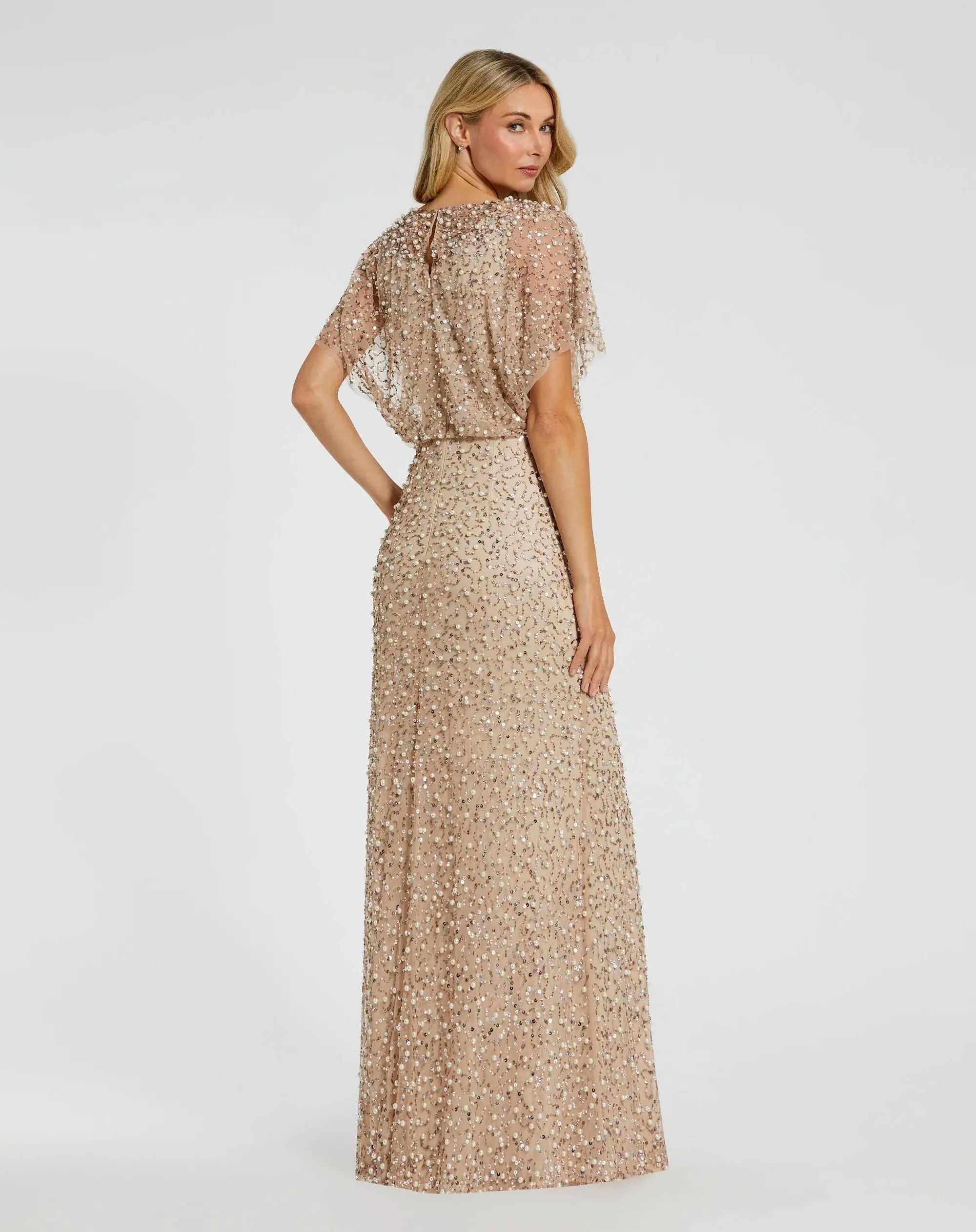 Petite Beige High Neck Short Sleeve Embellished Gown-Myartka