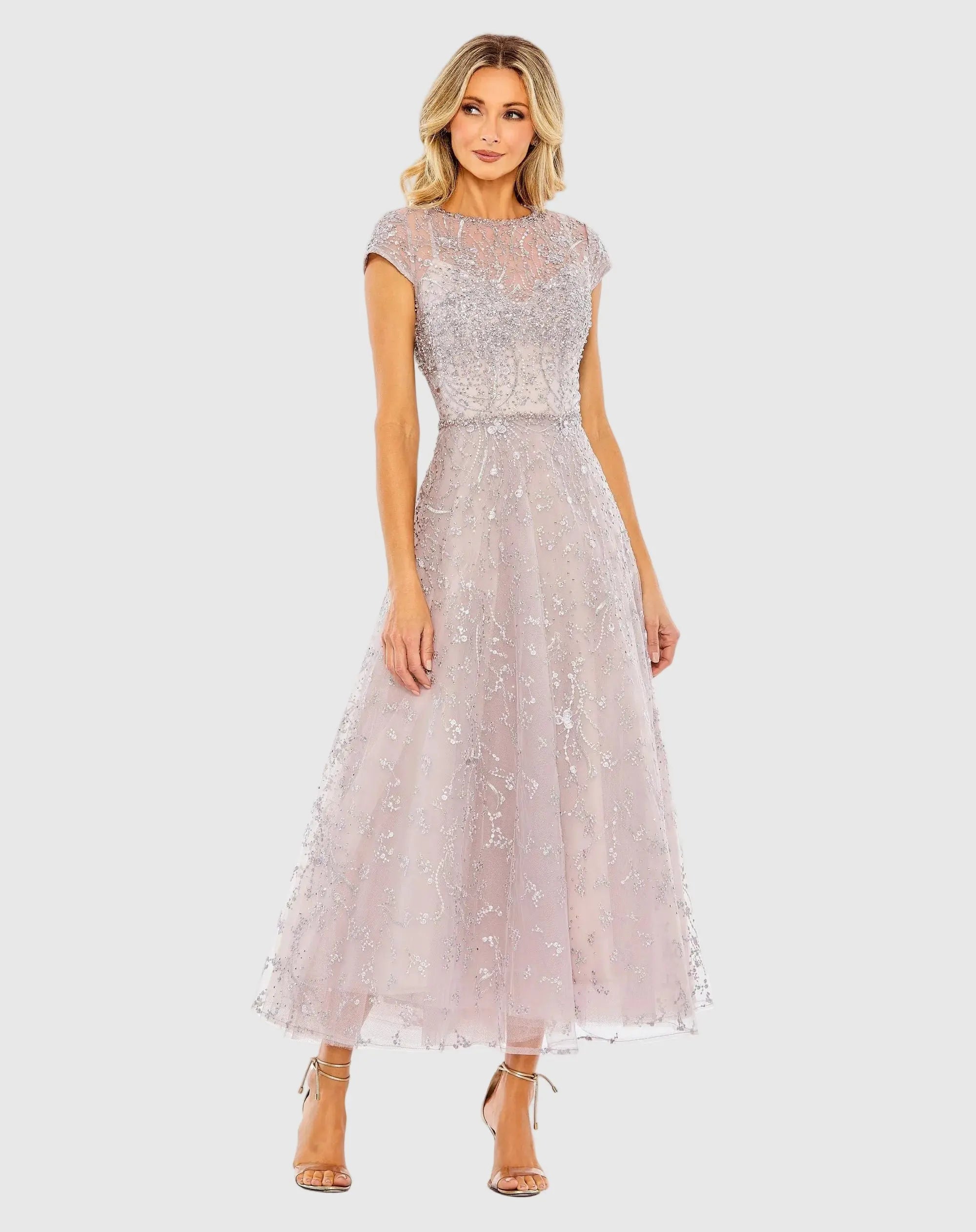 Petite Purple Embellished High Neck Cap Sleeve A Line Dress-Myartka