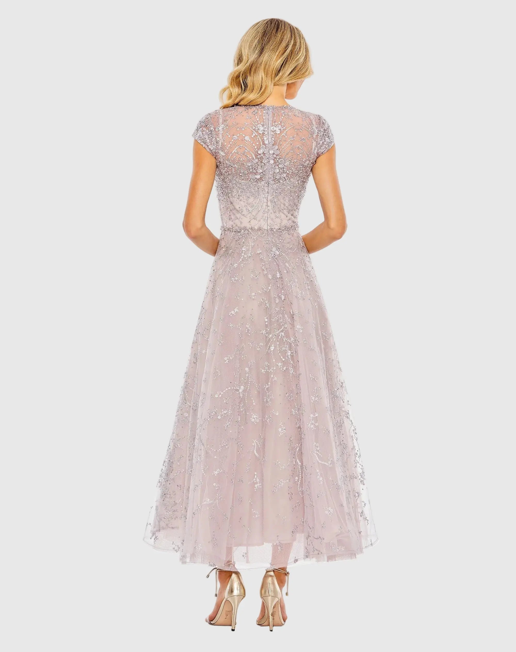 Petite Purple Embellished High Neck Cap Sleeve A Line Dress-Myartka