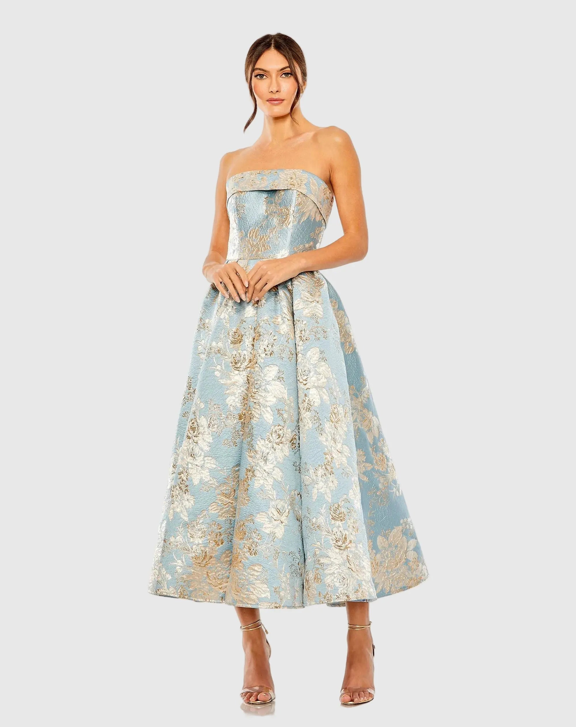 Petite Light Blue Strapless Brocade Midi Dress With Pockets-Myartka
