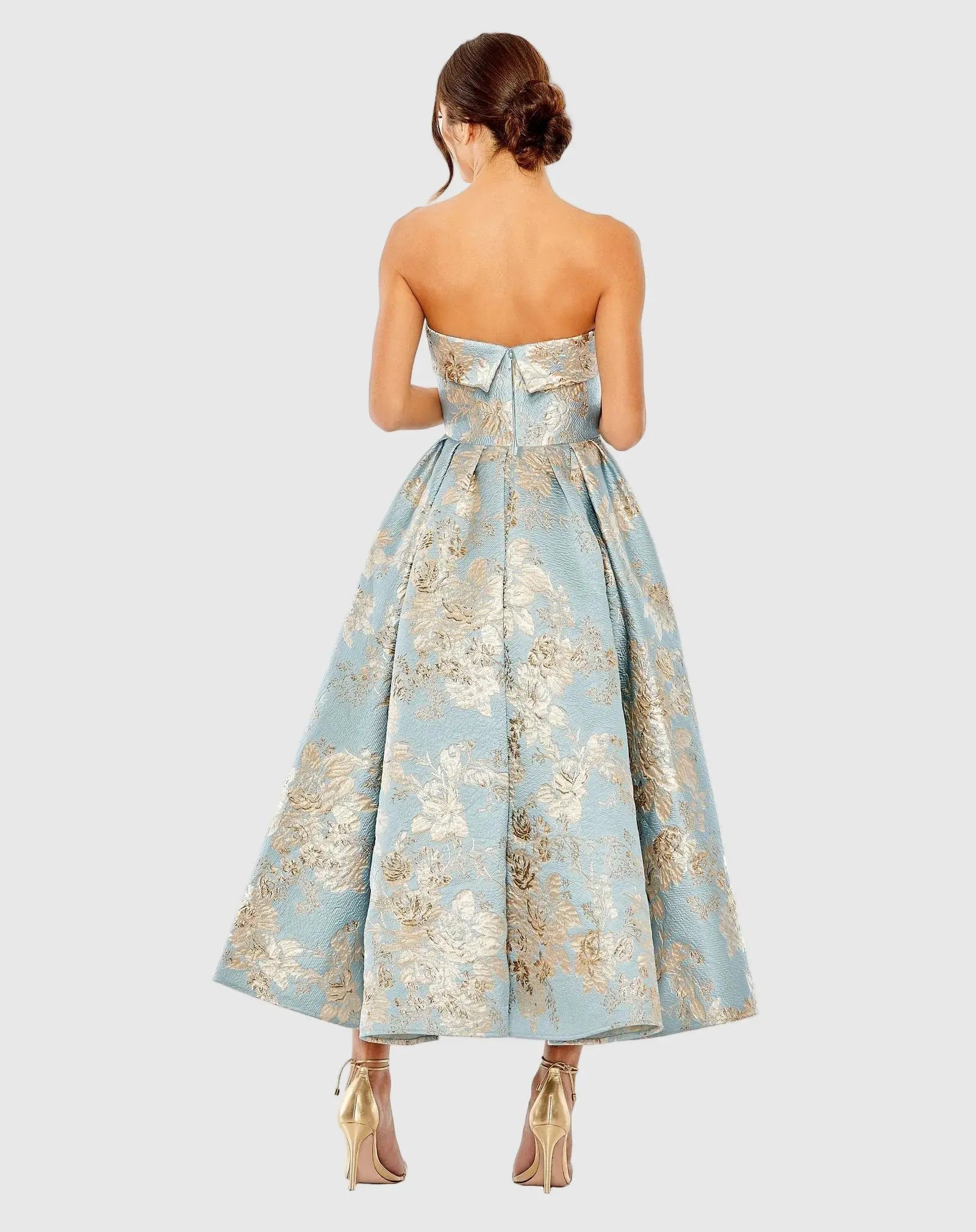 Petite Light Blue Strapless Brocade Midi Dress With Pockets-Myartka