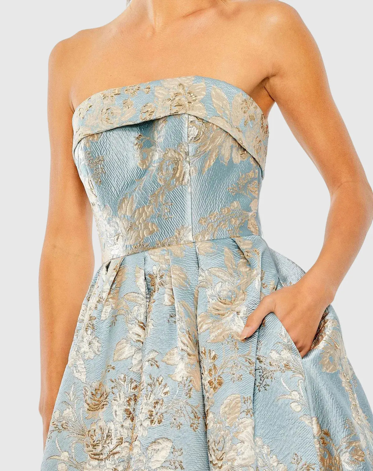 Petite Light Blue Strapless Brocade Midi Dress With Pockets-Myartka