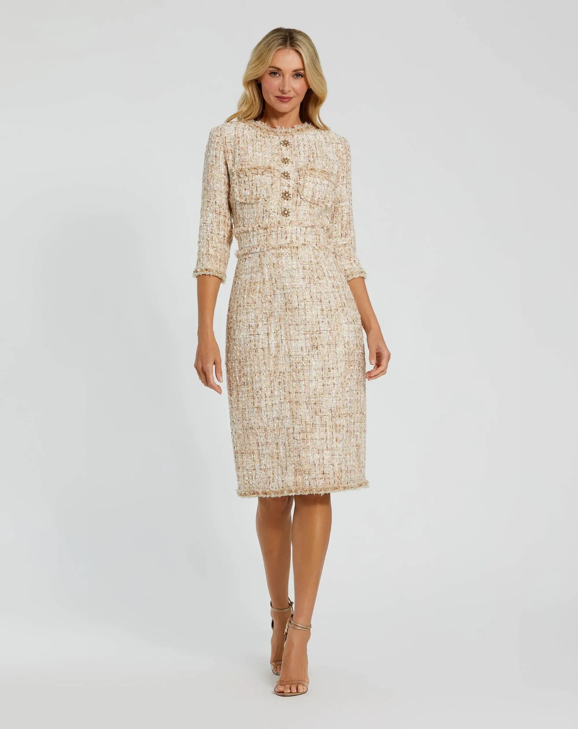 Petite Beige Beaded Trim Boucle Midi Dress with 3/4 Sleeves-Myartka