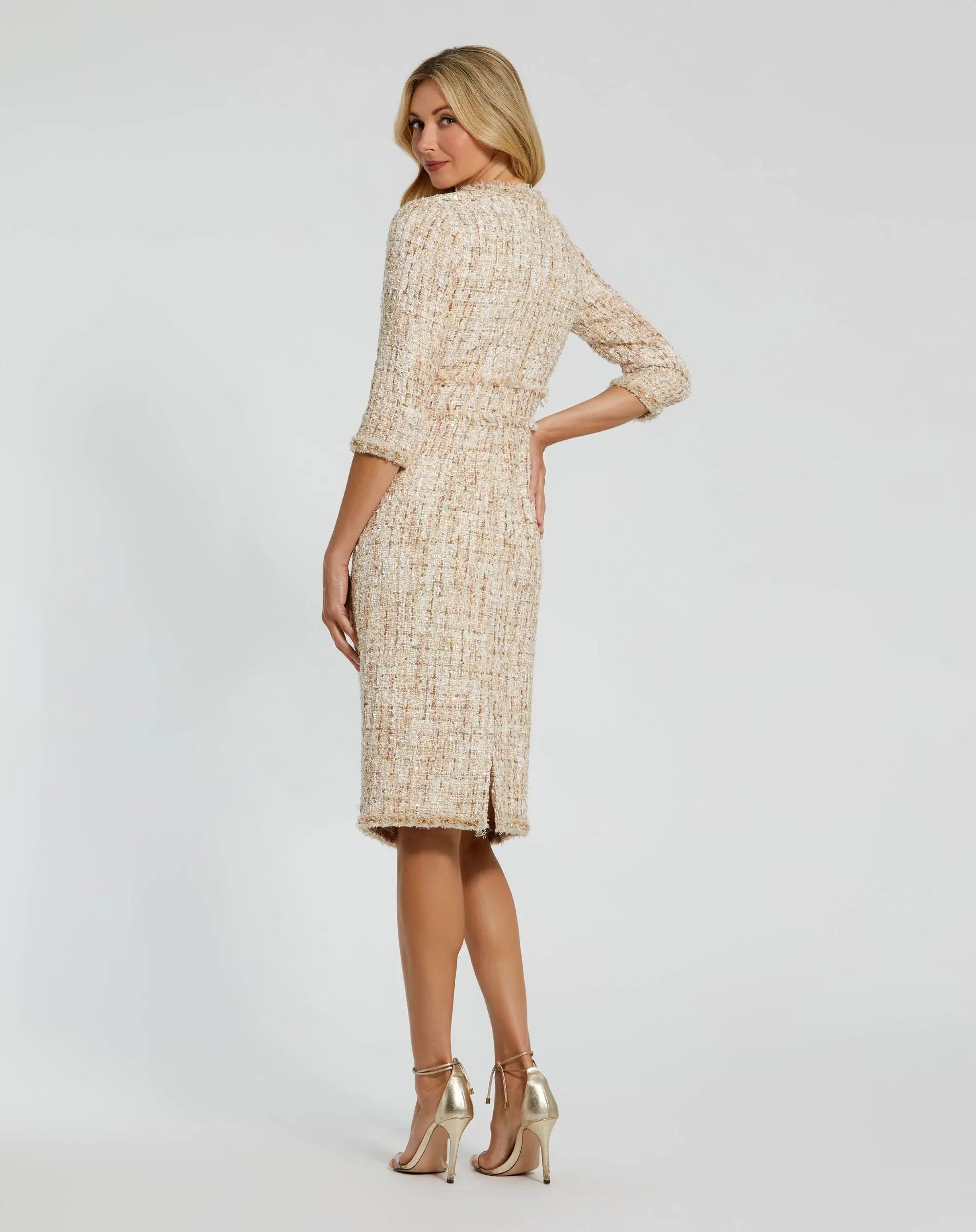 Petite Beige Beaded Trim Boucle Midi Dress with 3/4 Sleeves-Myartka