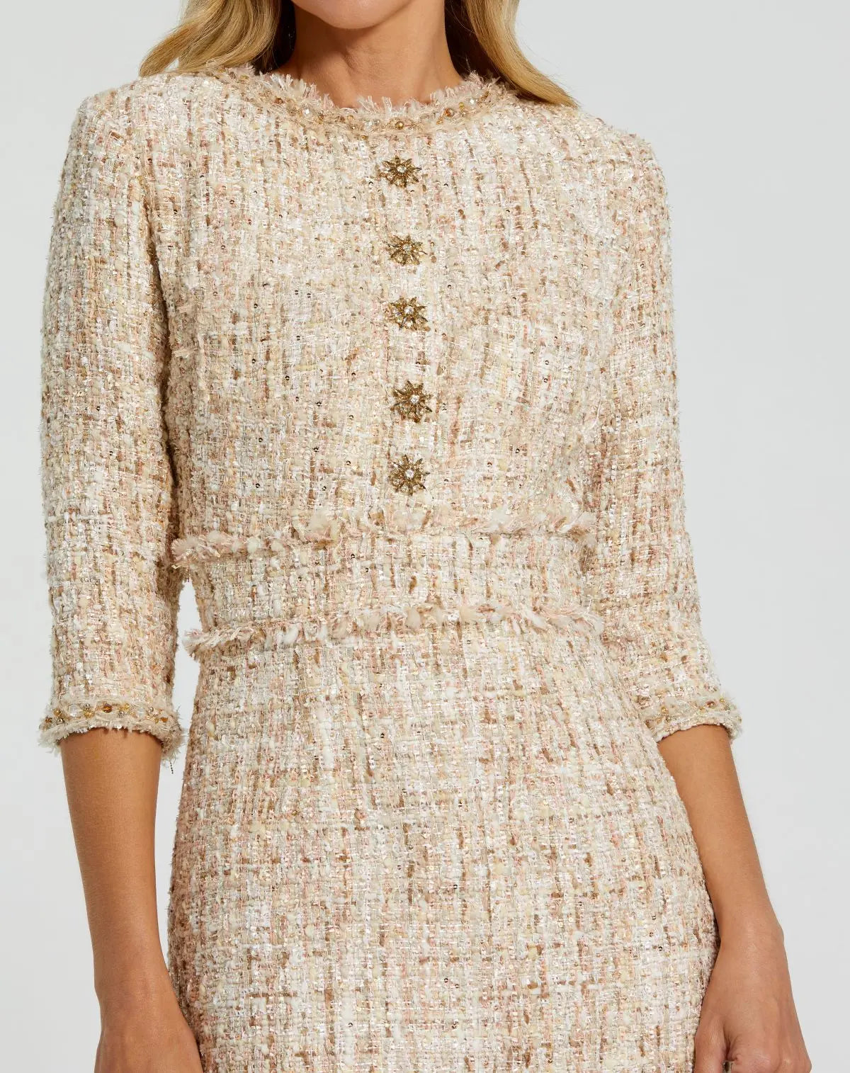 Petite Beige Beaded Trim Boucle Midi Dress with 3/4 Sleeves-Myartka