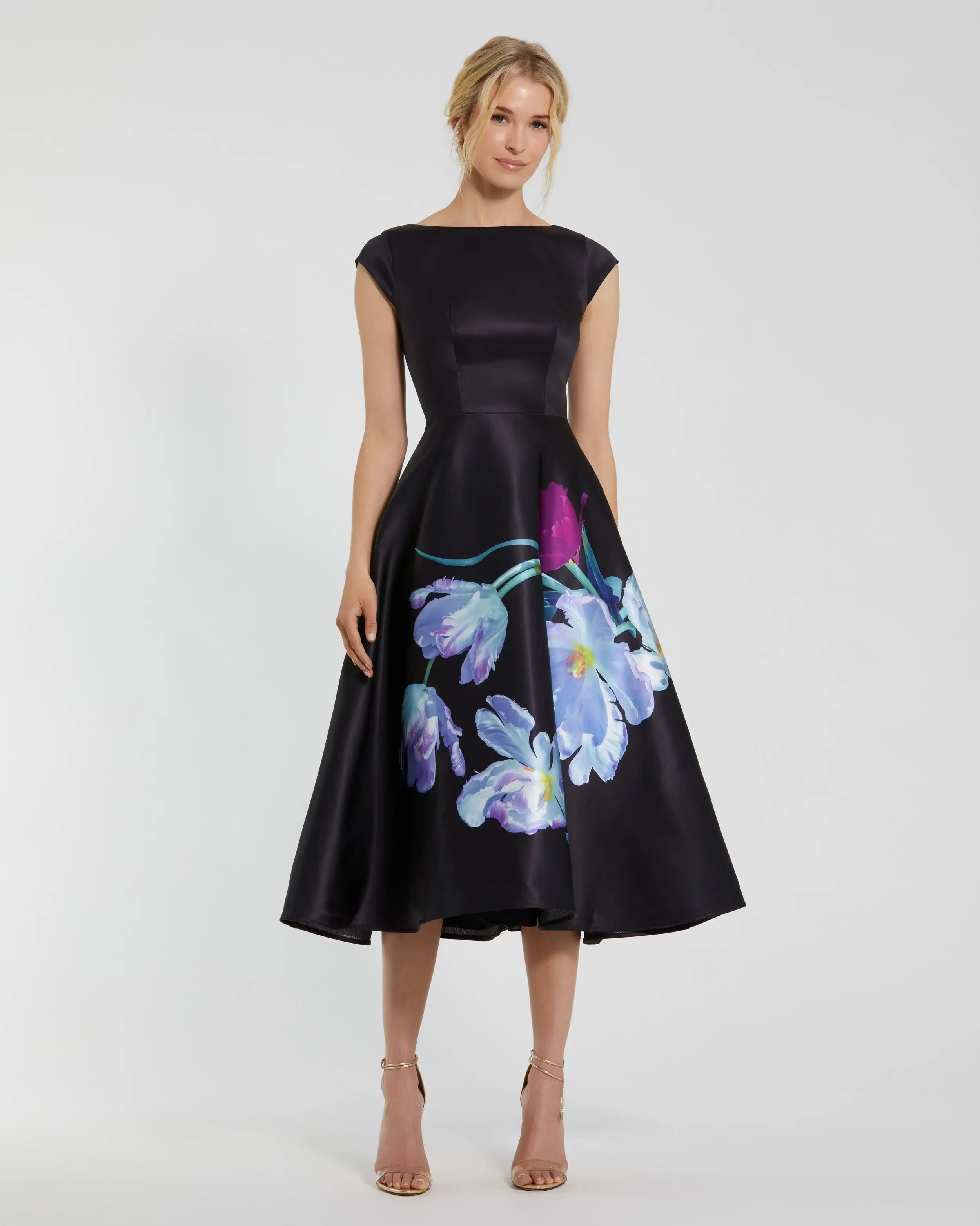 Petite Black Satin Cap Sleeve Midi Dress With Floral Print-Myartka