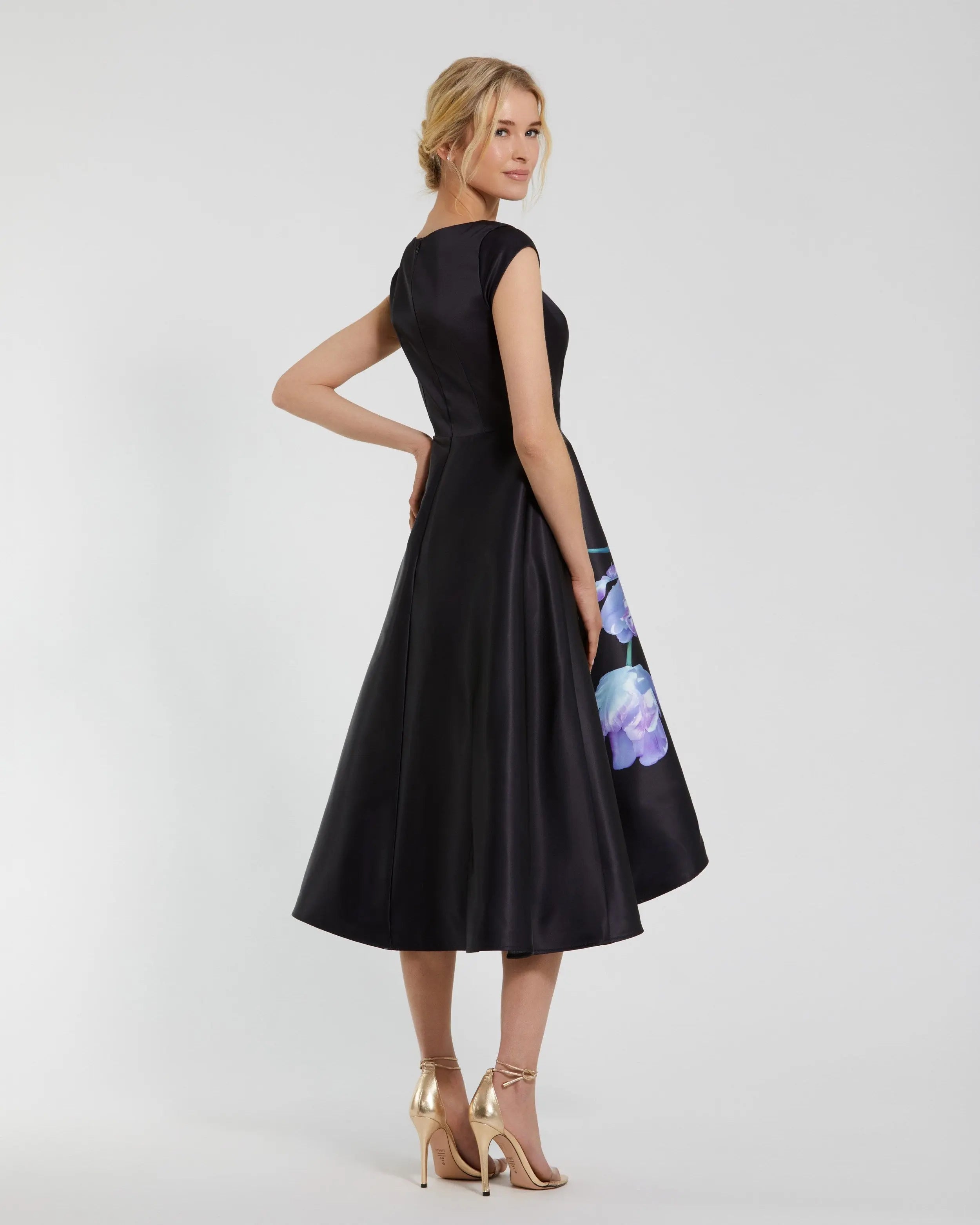 Petite Black Satin Cap Sleeve Midi Dress With Floral Print-Myartka
