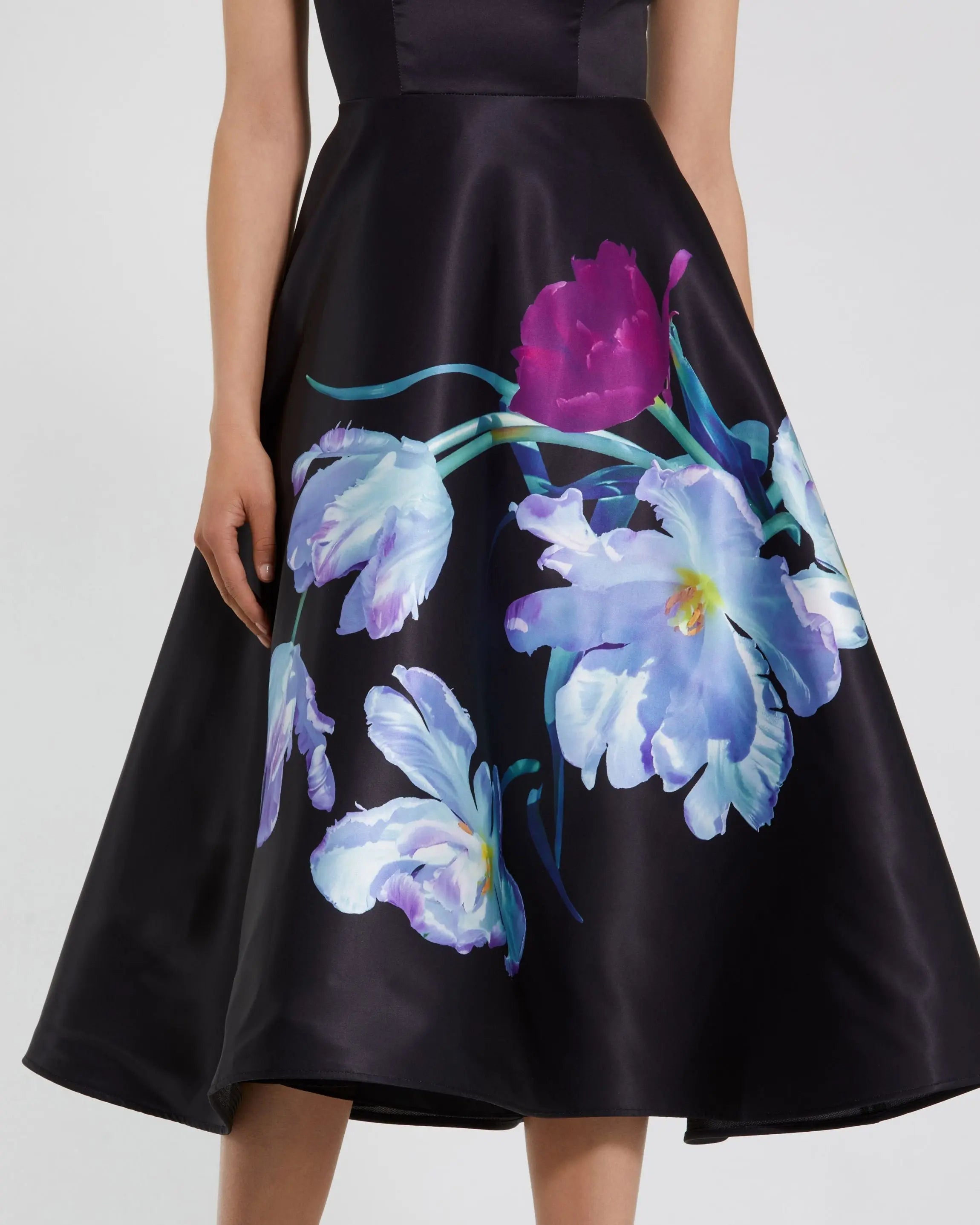 Petite Black Satin Cap Sleeve Midi Dress With Floral Print-Myartka