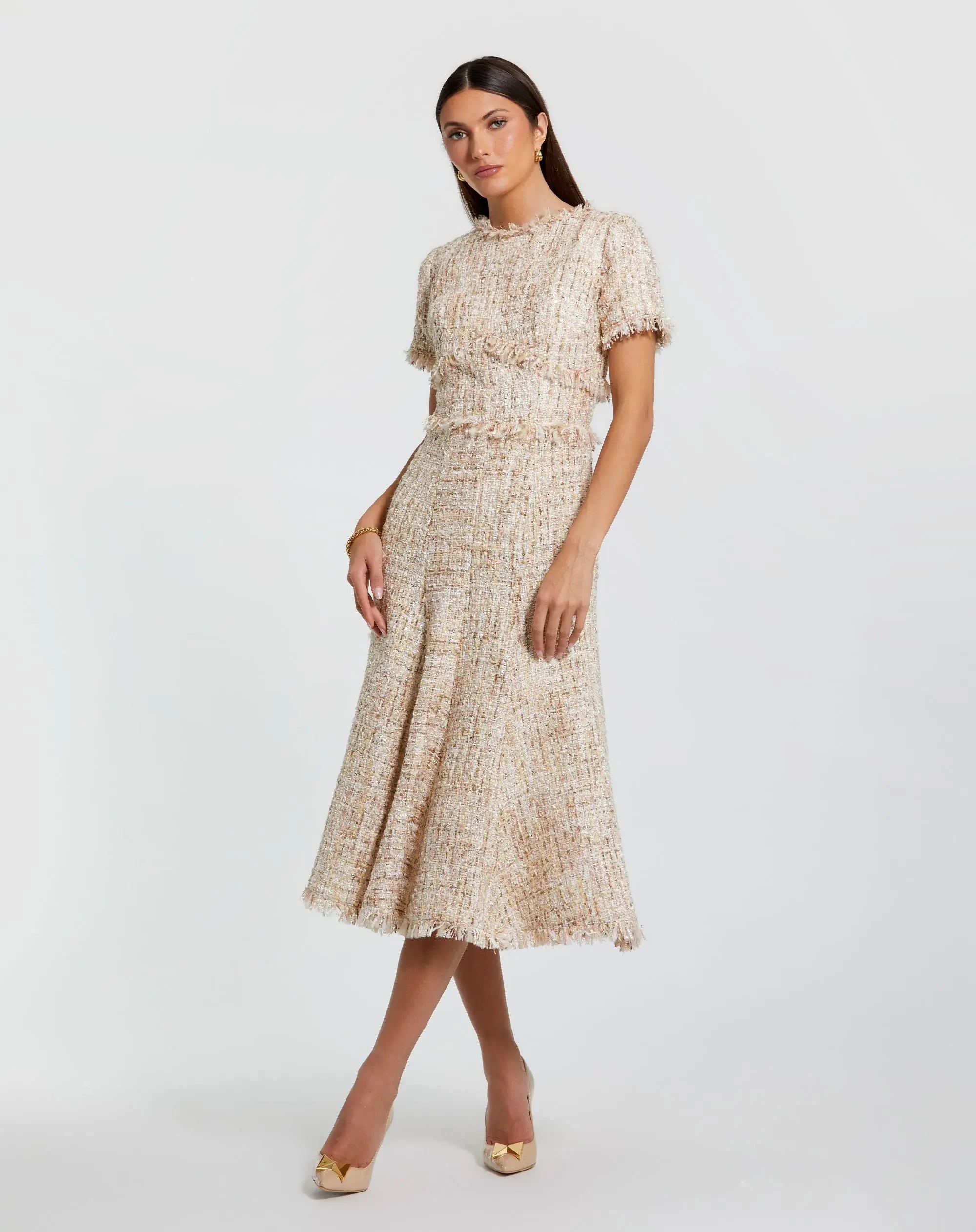 Petite Beige Boucle Short Sleeve A Line Midi Dress-Myartka