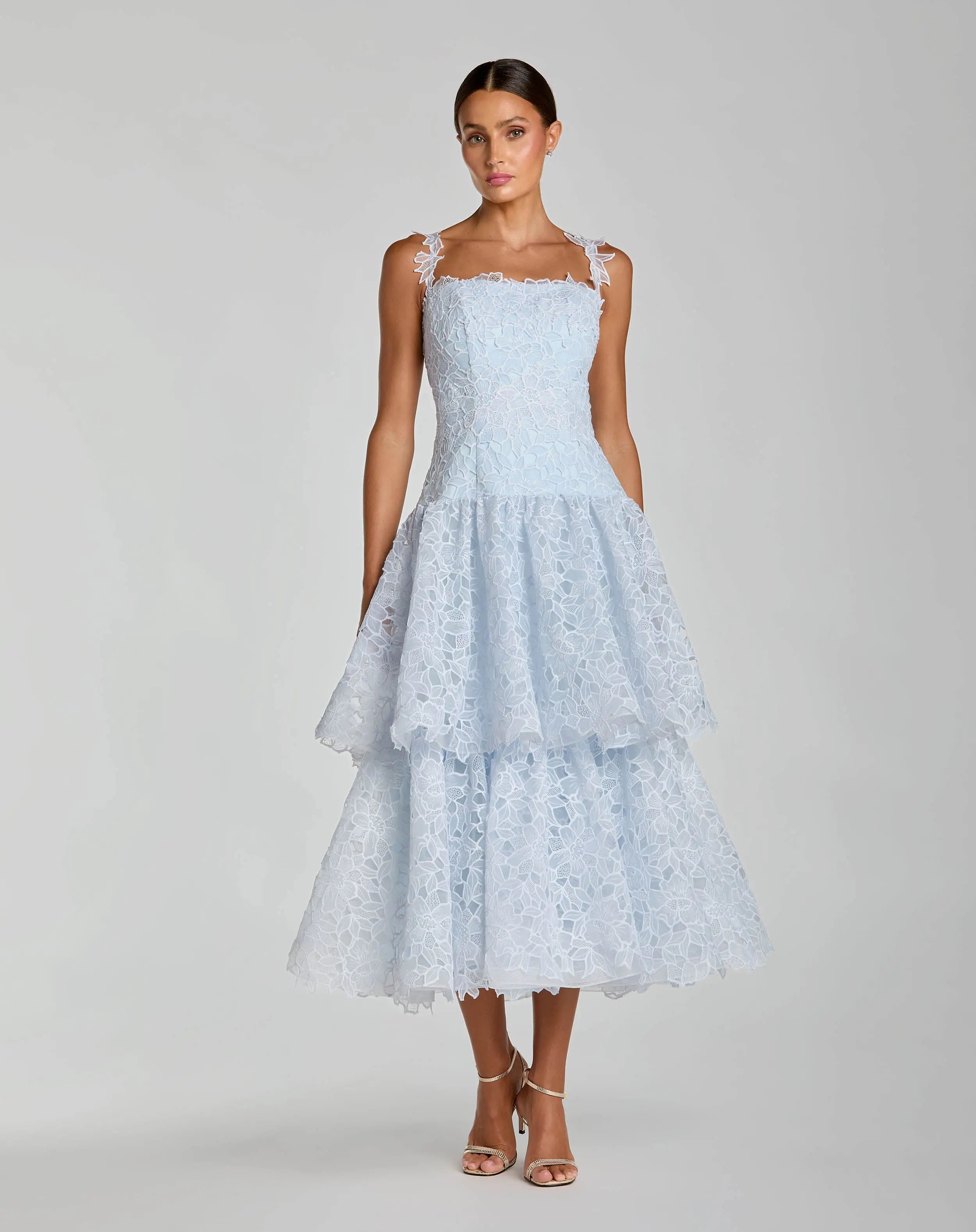 Petite Blue Sleeveless Embroidered Lace Tiered Midi Dress-Myartka