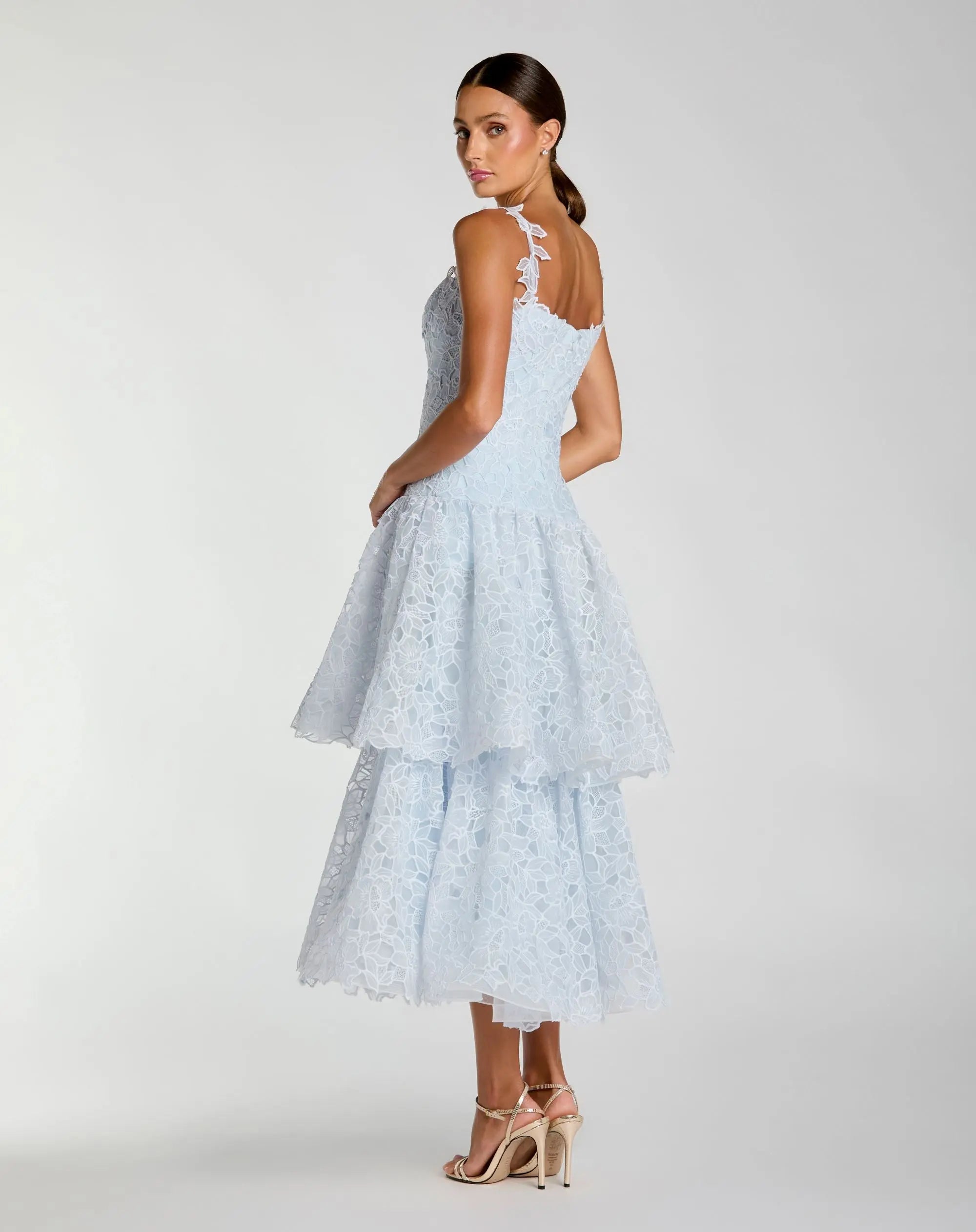 Petite Blue Sleeveless Embroidered Lace Tiered Midi Dress-Myartka