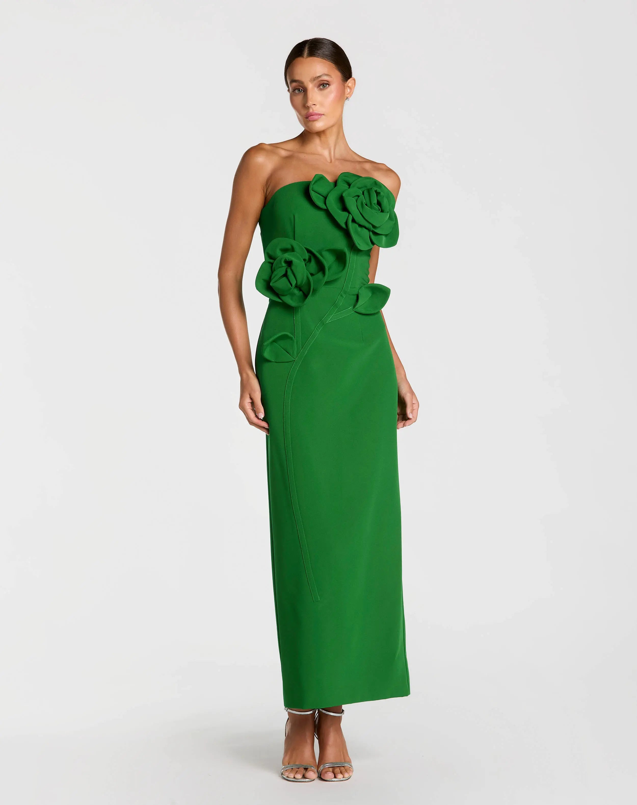 Petite Green Strapless Crepe Dress With 3D Flower Detail-Myartka