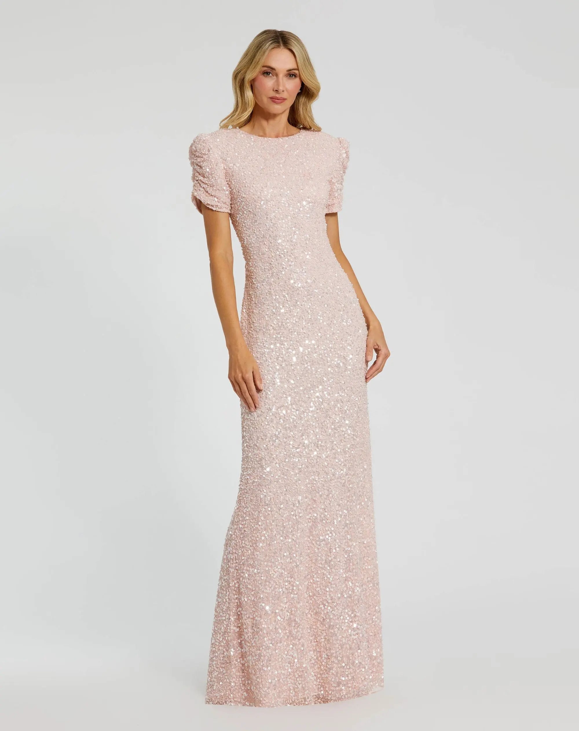 Petite Pink Gathered Short Sleeve Embellished Gown-Myartka