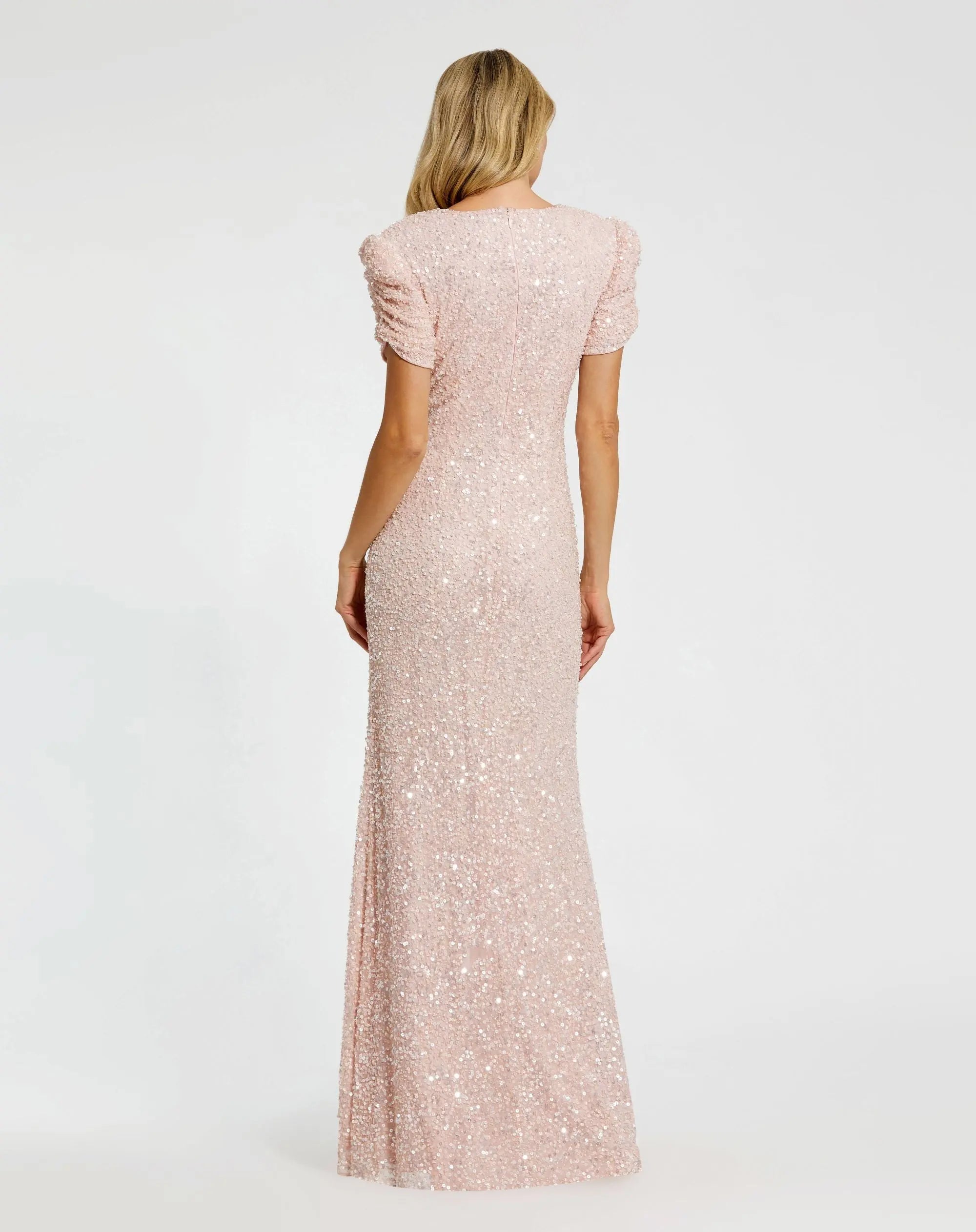 Petite Pink Gathered Short Sleeve Embellished Gown-Myartka