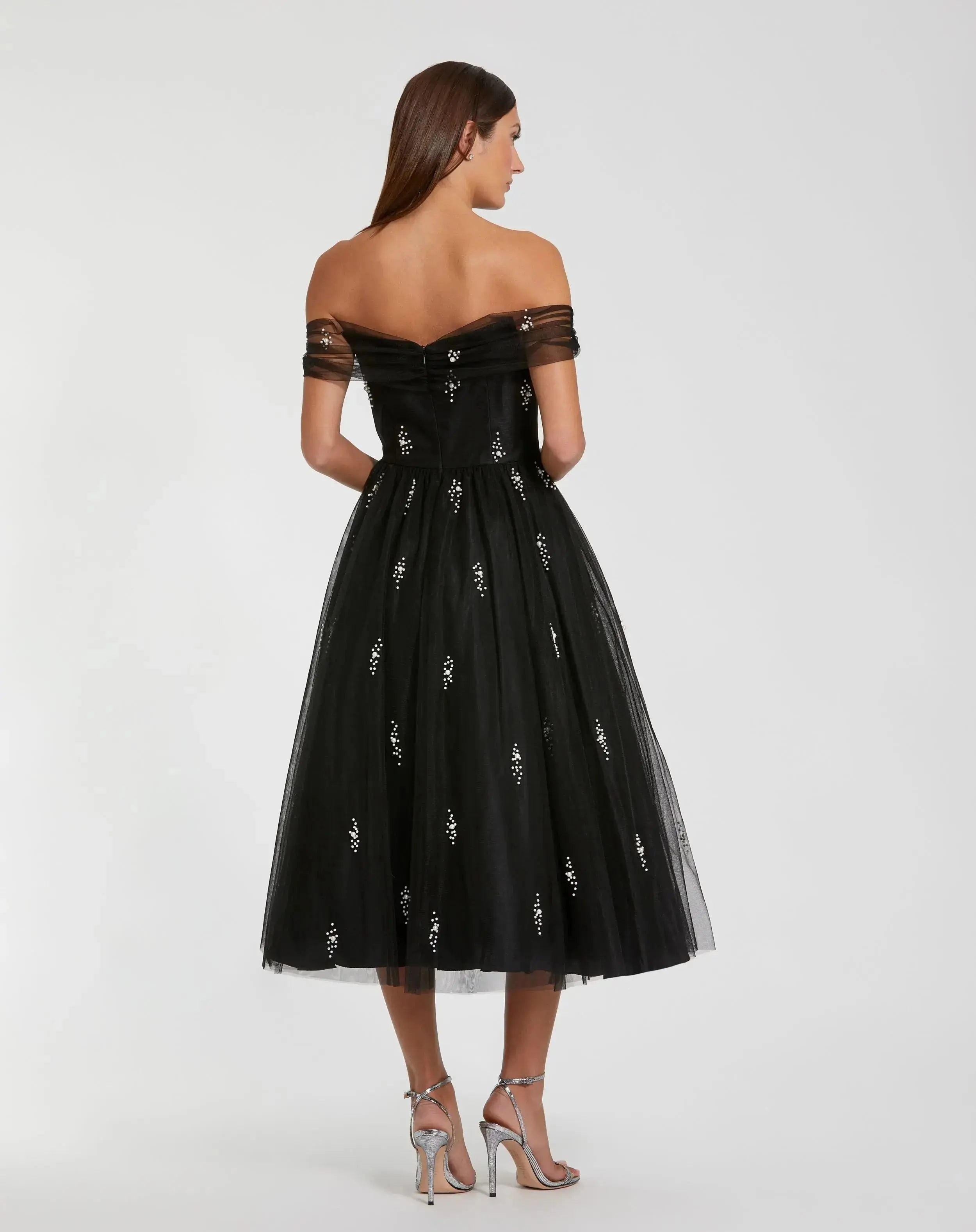 Petite Black Pearl Embellished Off The Shoulder A Line Dress-Myartka