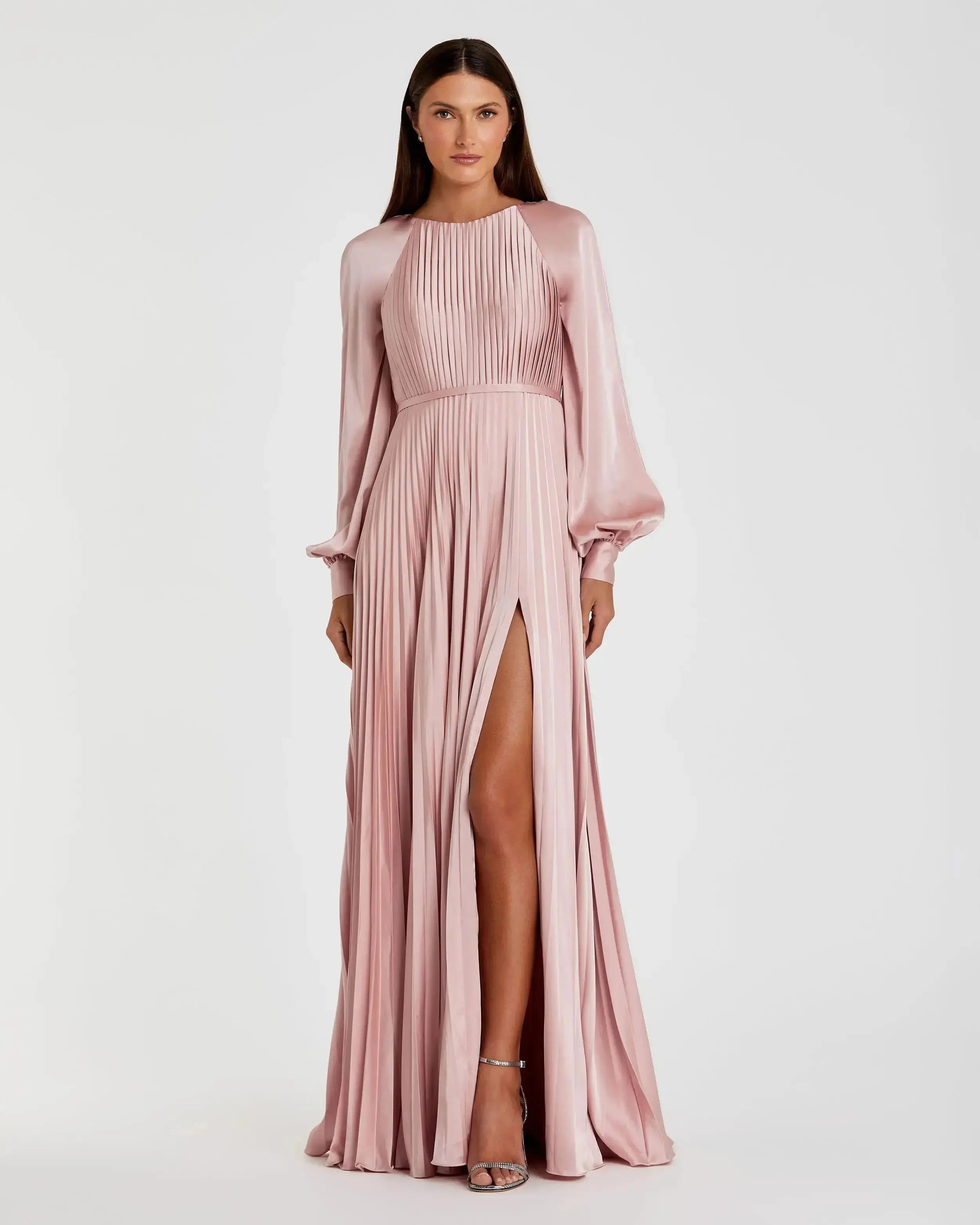 Petite Pink Pleated High Neck Raglan Long Sleeve Side Slit Gown-Myartka