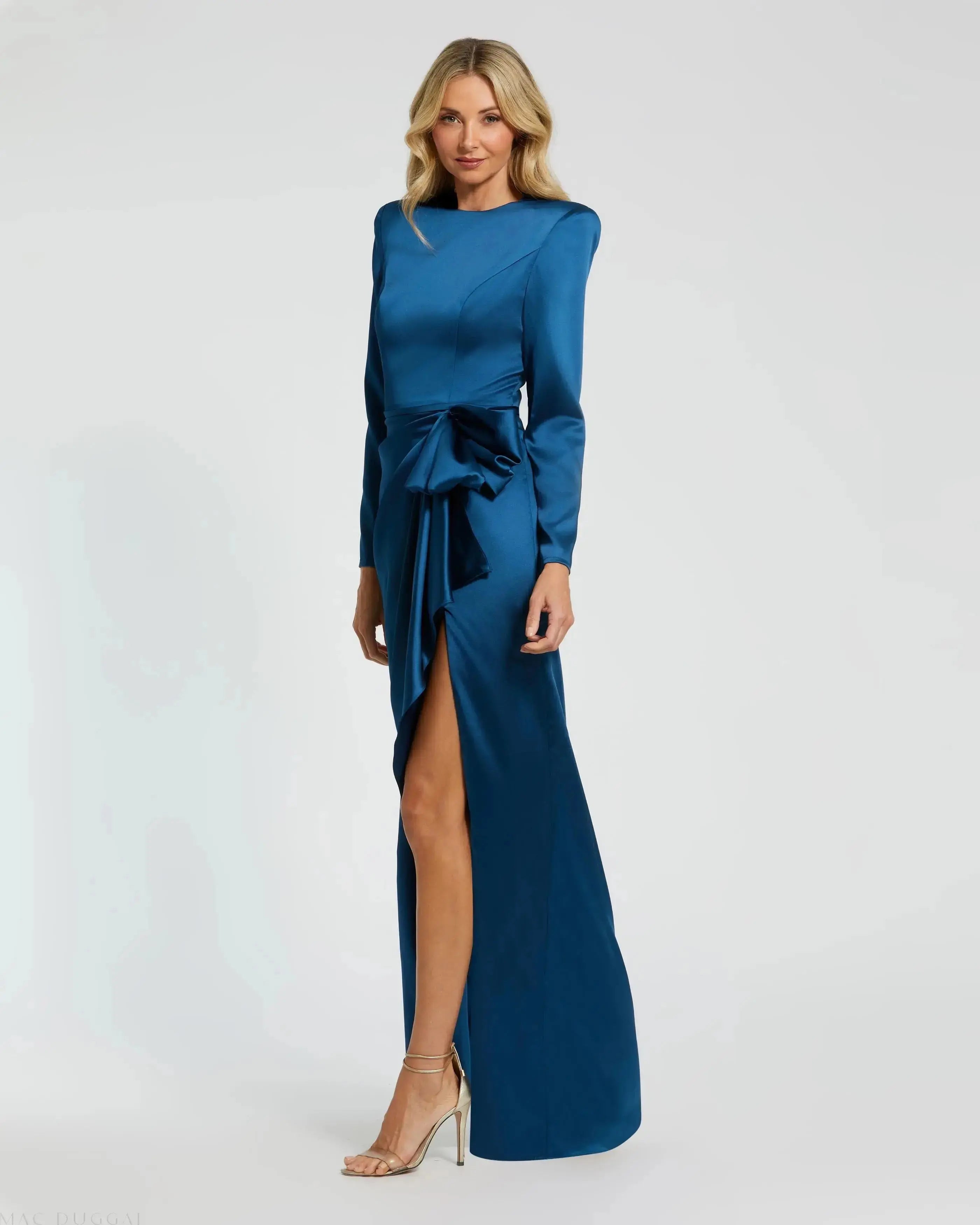 Petite Blue Long Sleeve Satin Structured Bow Draped Column Gown-Myartka