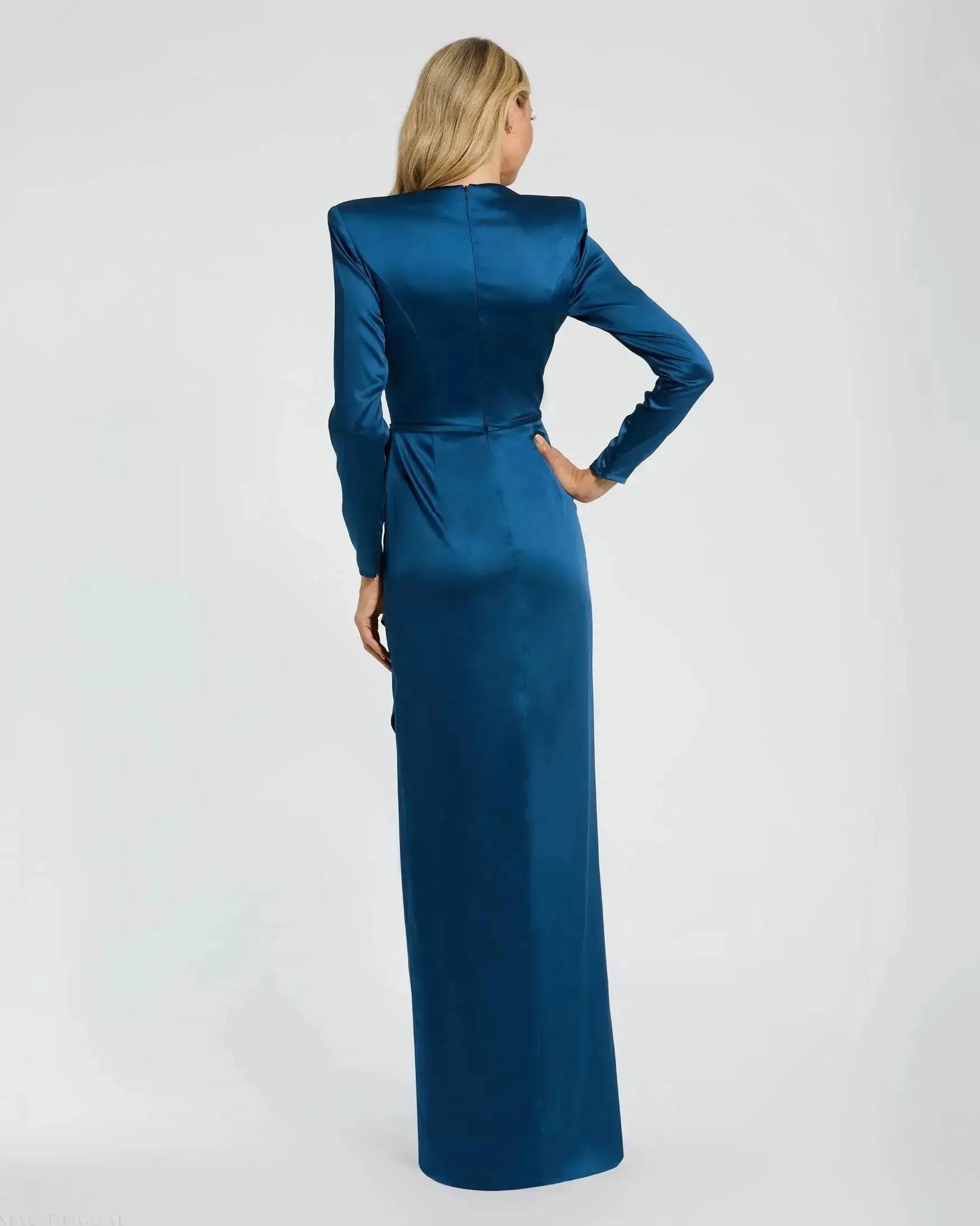 Petite Blue Long Sleeve Satin Structured Bow Draped Column Gown-Myartka